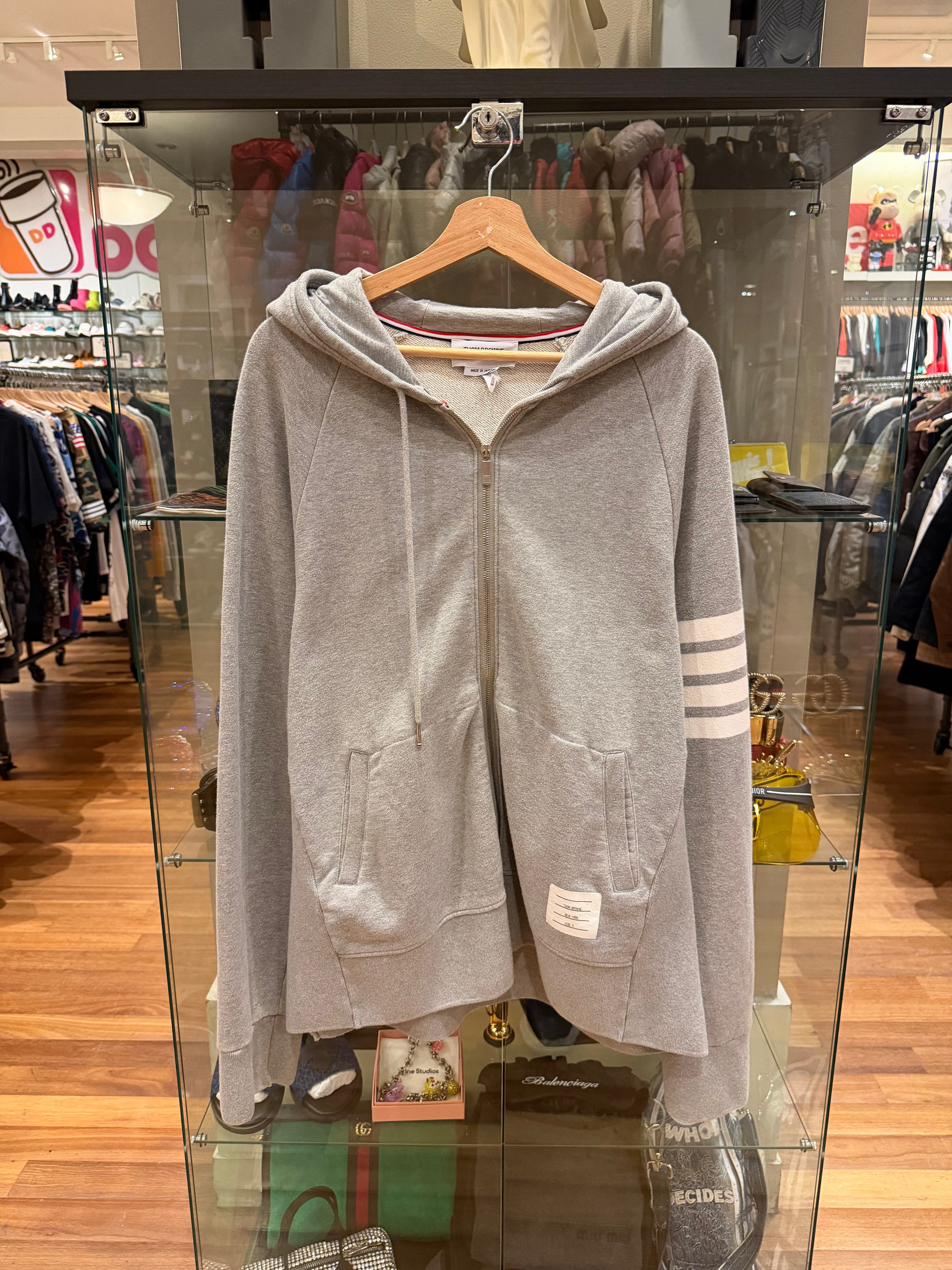 Thom Browne 4-Bar Zip Up Hoodie- Gray