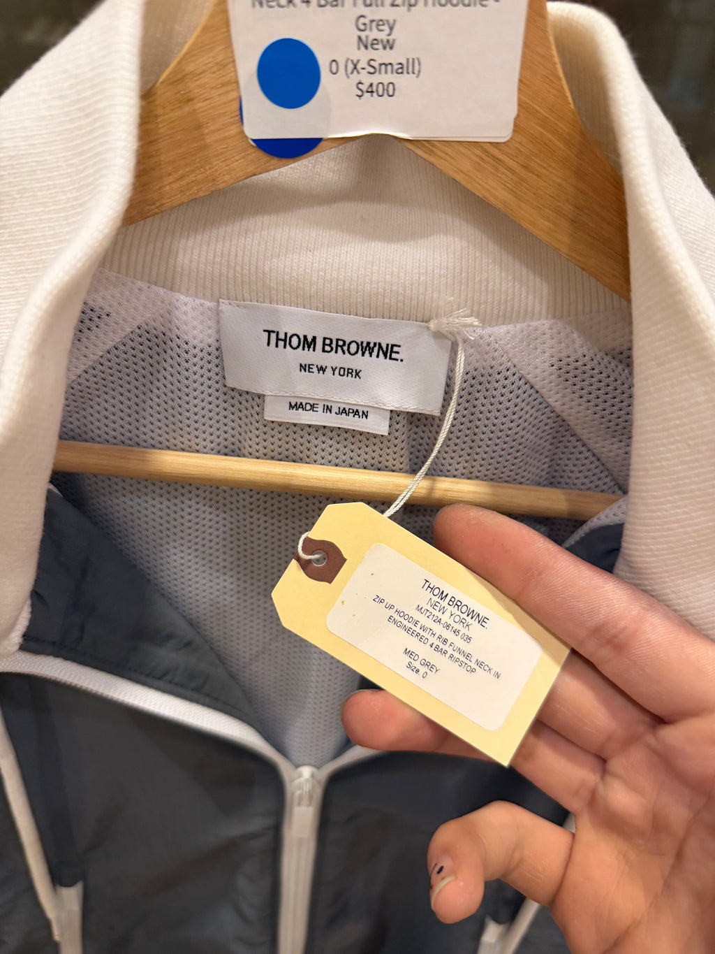 Thom Browne Rib Funnel Neck 4 Bar Full Zip Hoodie- Gray