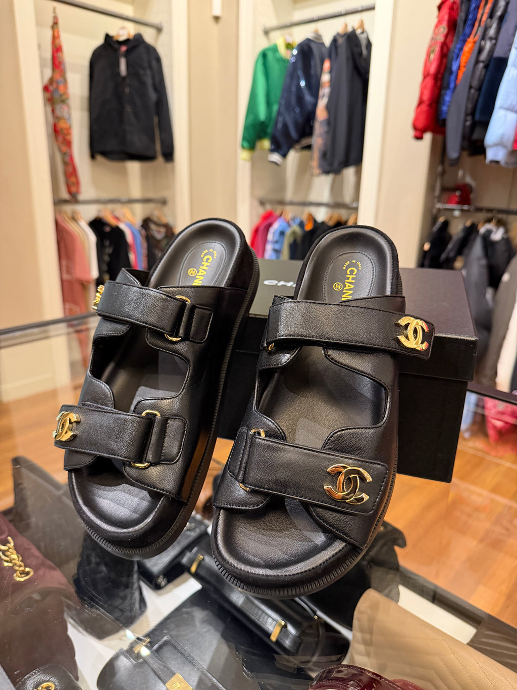 Lambskin Velcro Dad Chain CC Slide Sandals