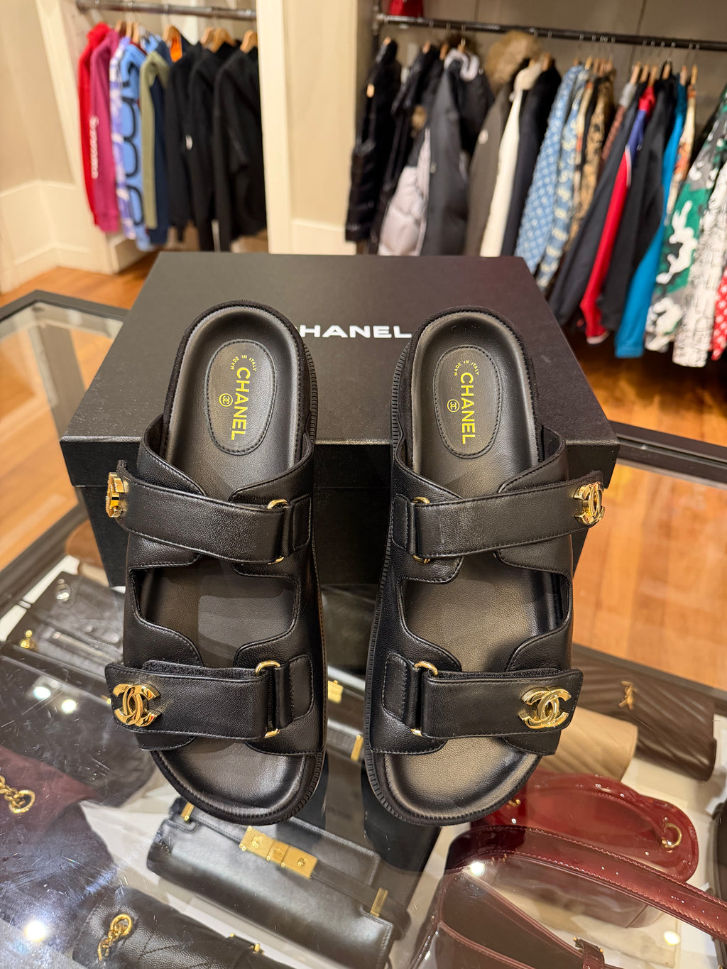 Lambskin Velcro Dad Chain CC Slide Sandals