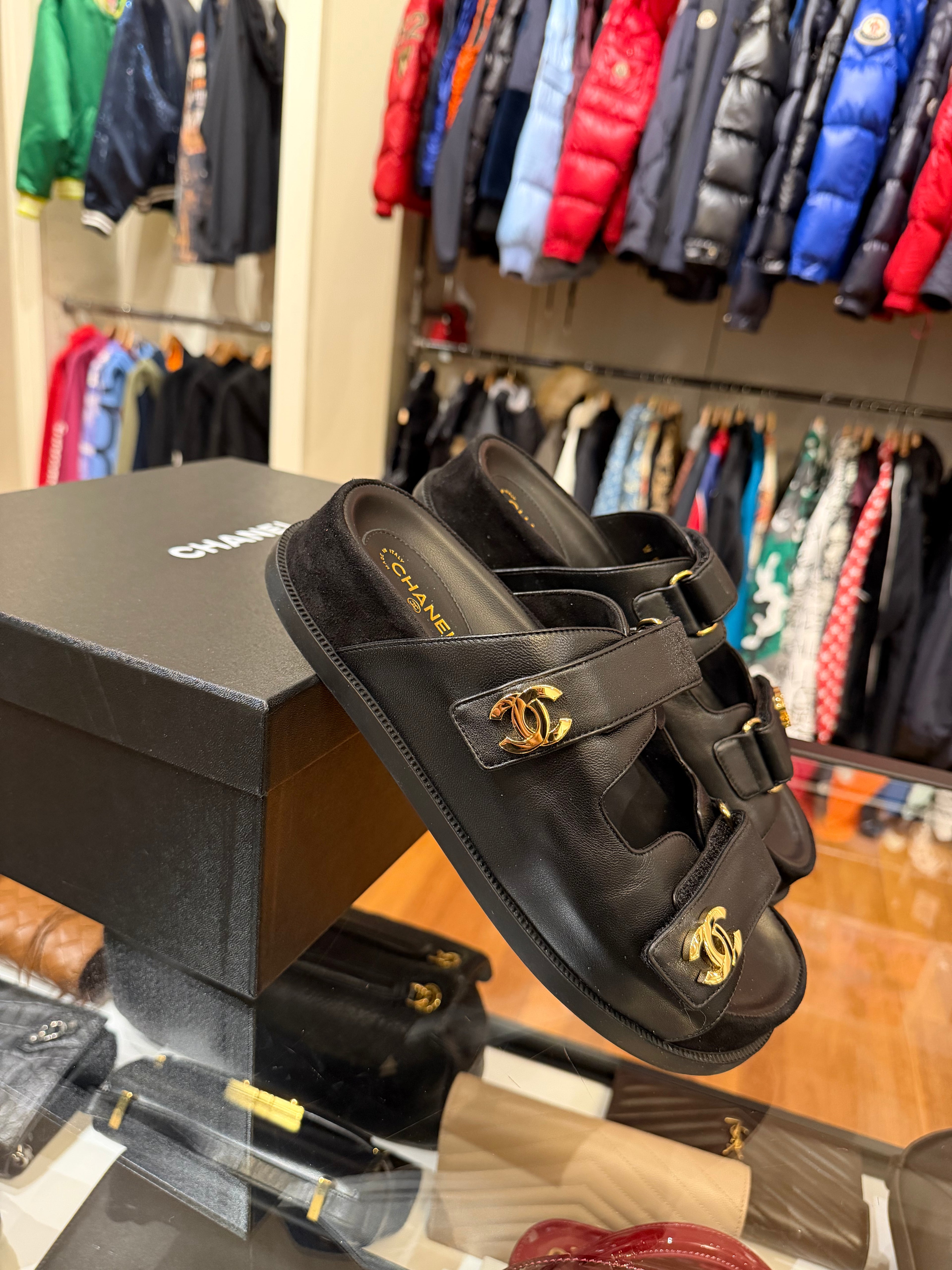 Lambskin Velcro Dad Chain CC Slide Sandals