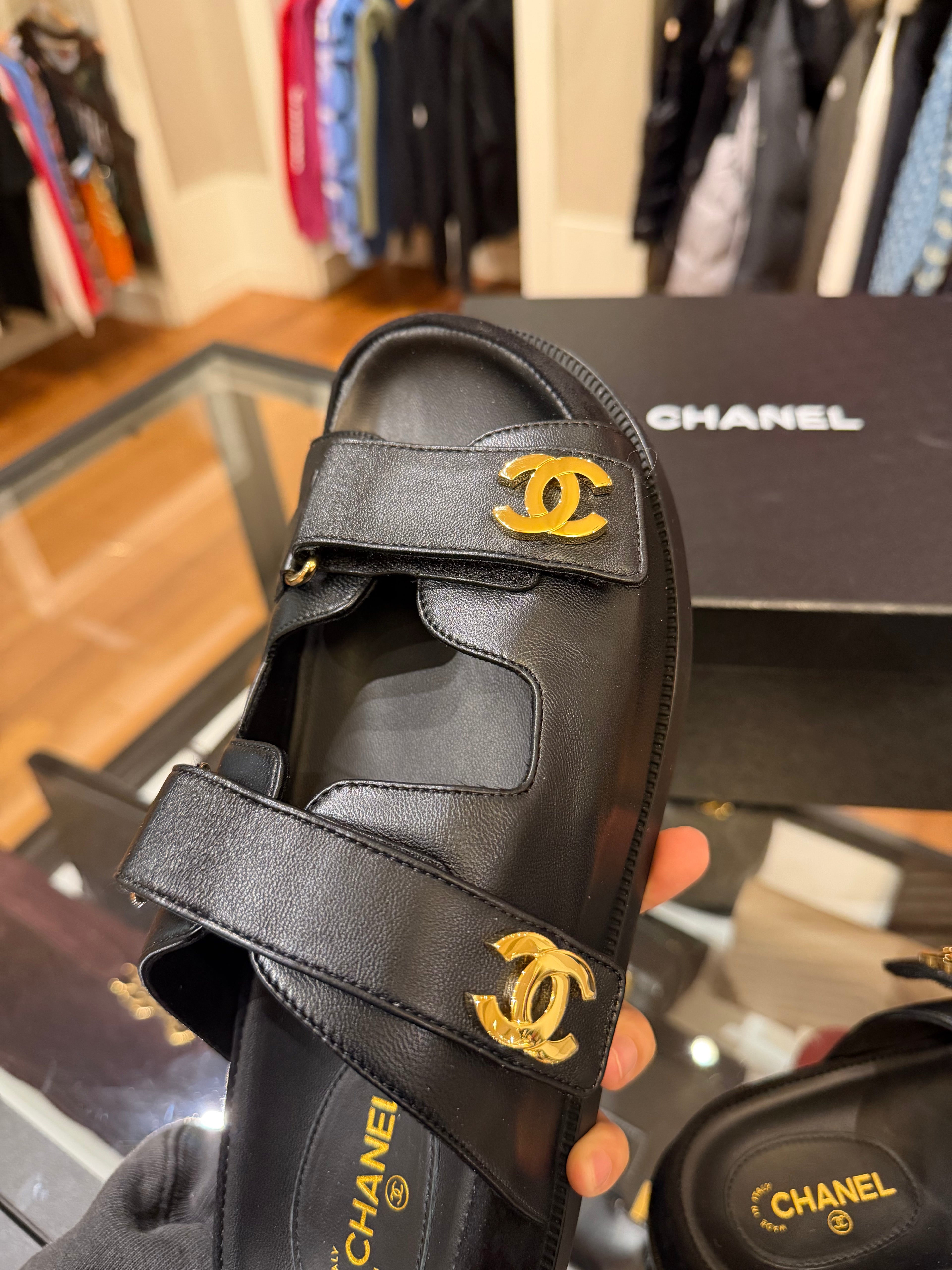 Lambskin Velcro Dad Chain CC Slide Sandals
