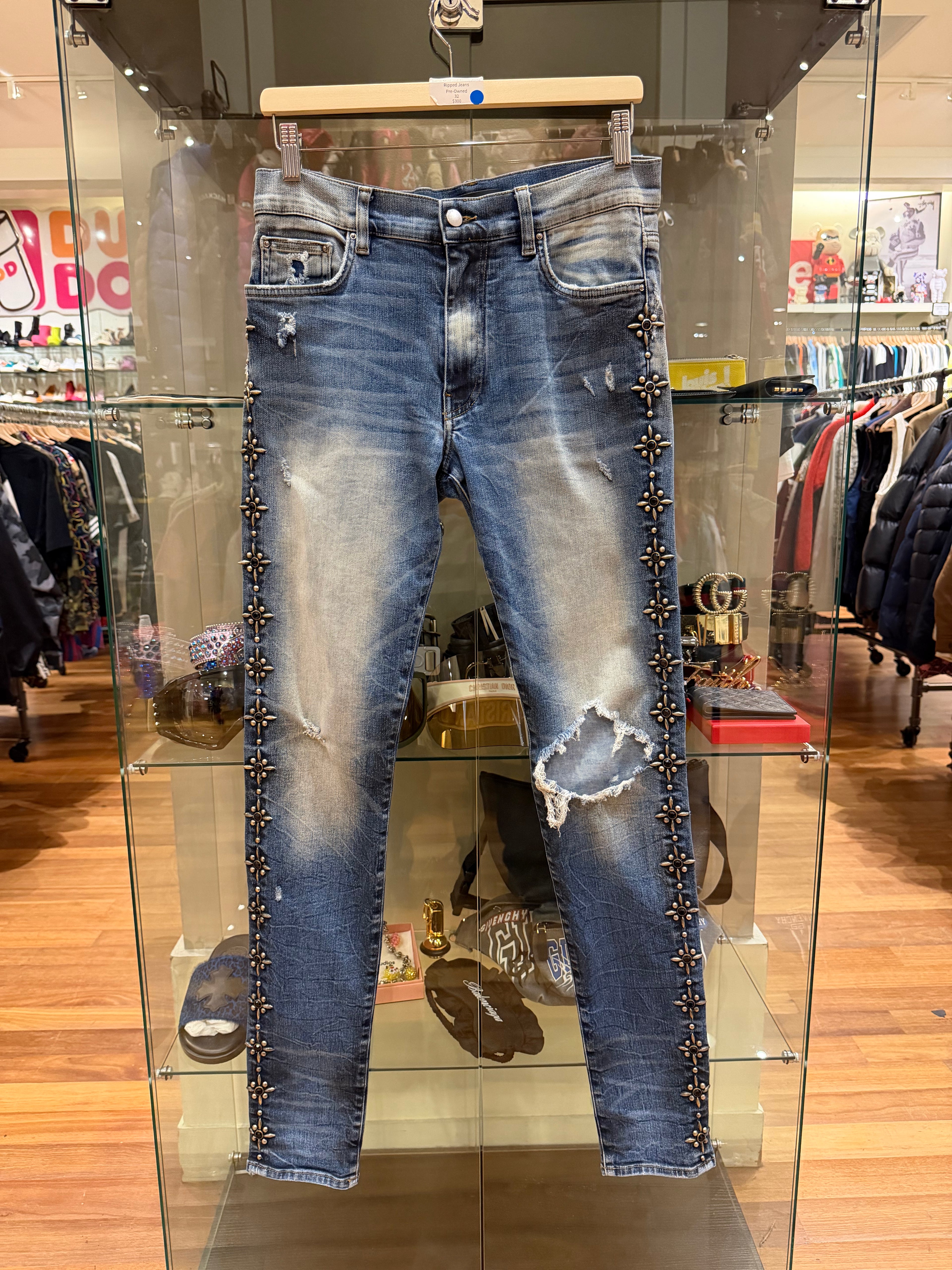 Amiri Studded Rhinestone Ripped Jeans