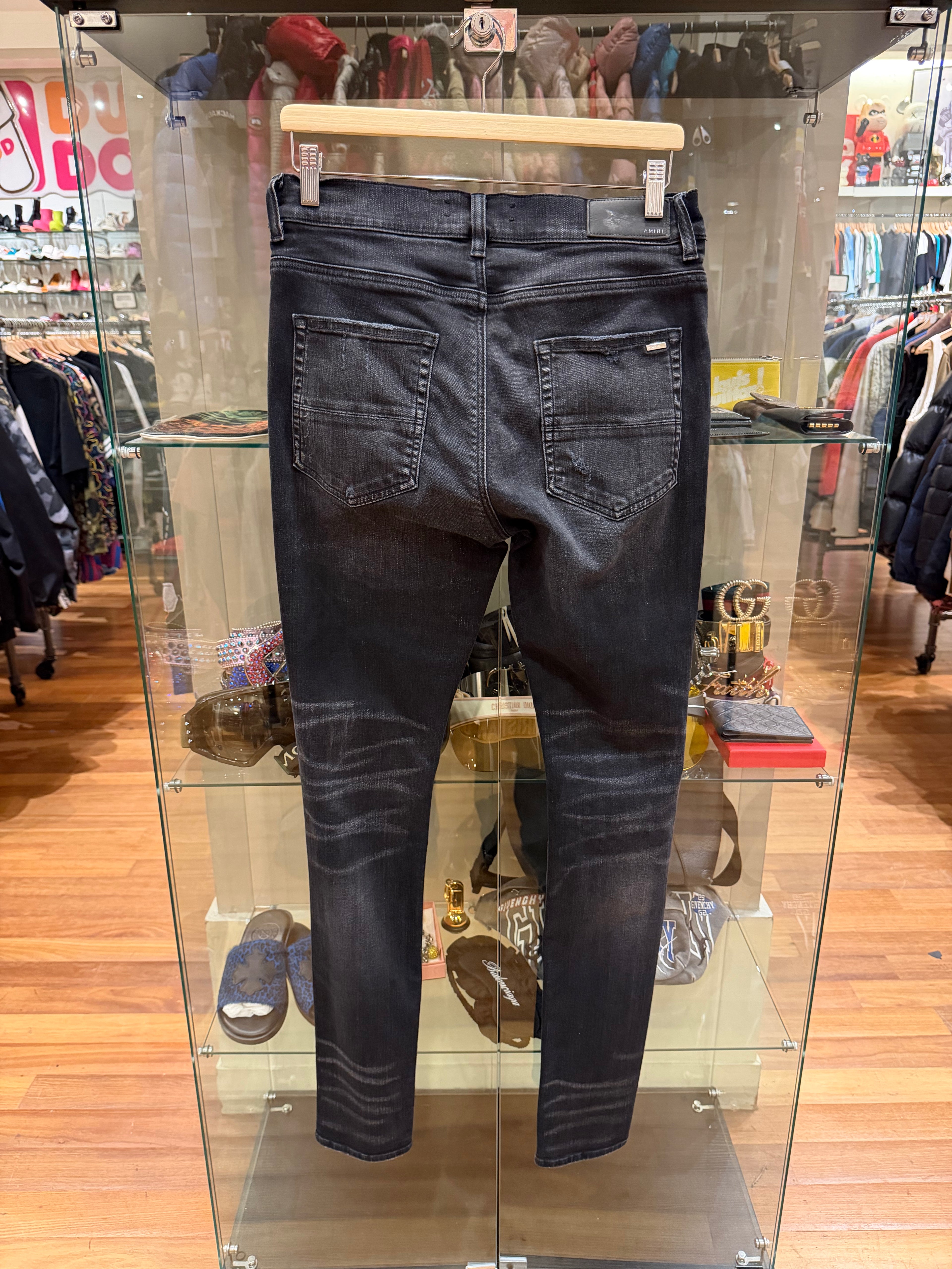 Amiri MX1 Distressed Skinny Jeans- Navy/Black Paisley Patches
