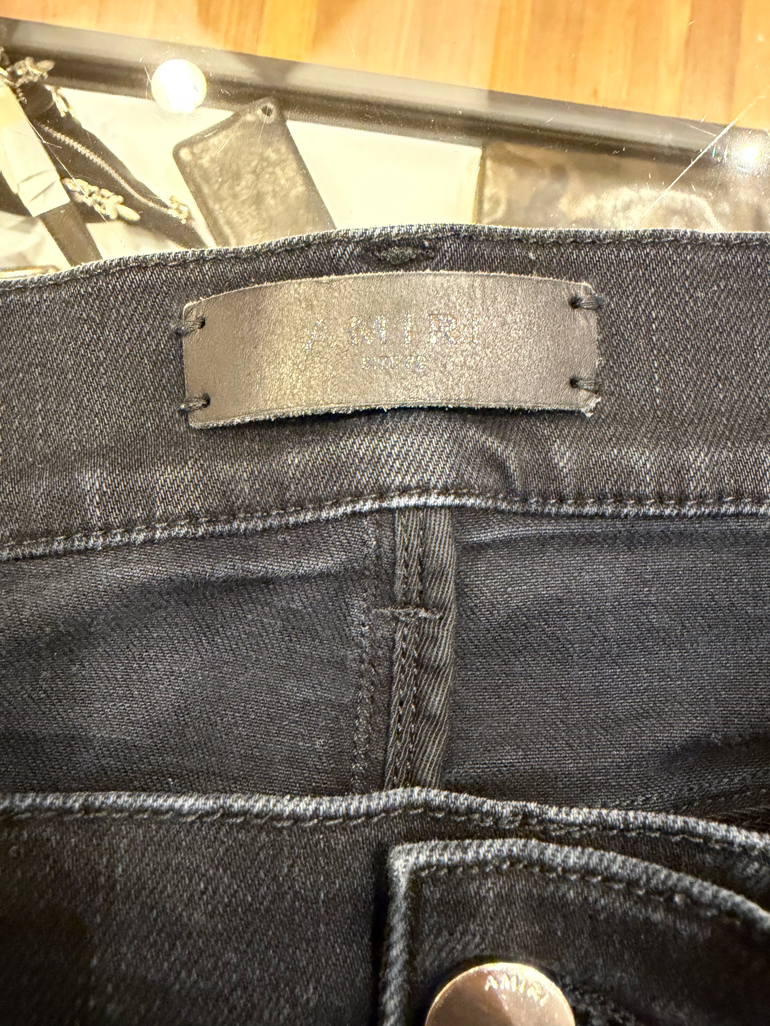 Amiri MX1 Distressed Skinny Jeans- Navy/Black Paisley Patches