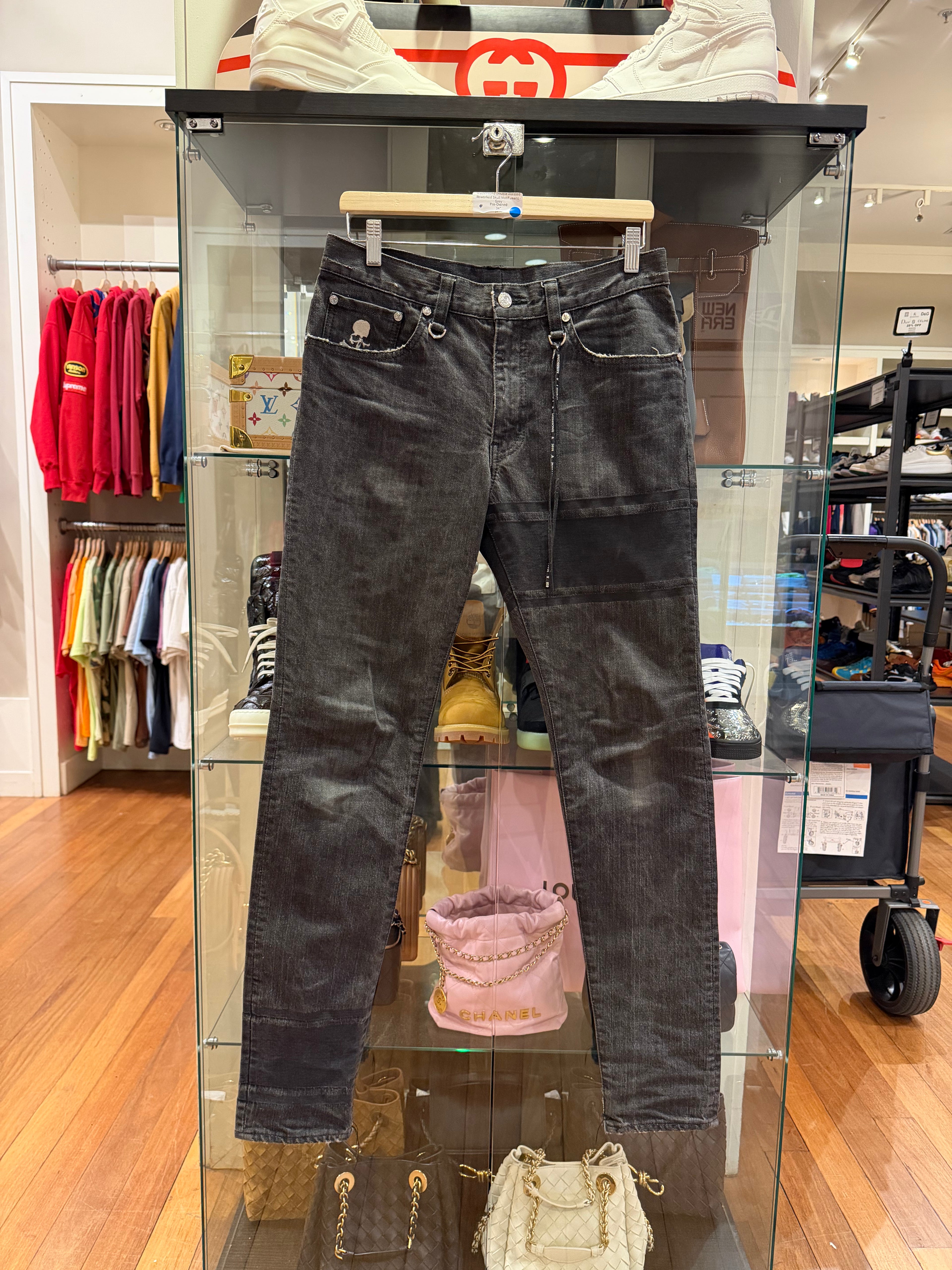 Mastermind Double Waisted
Reworked Skull Motif Jeans -
Grey