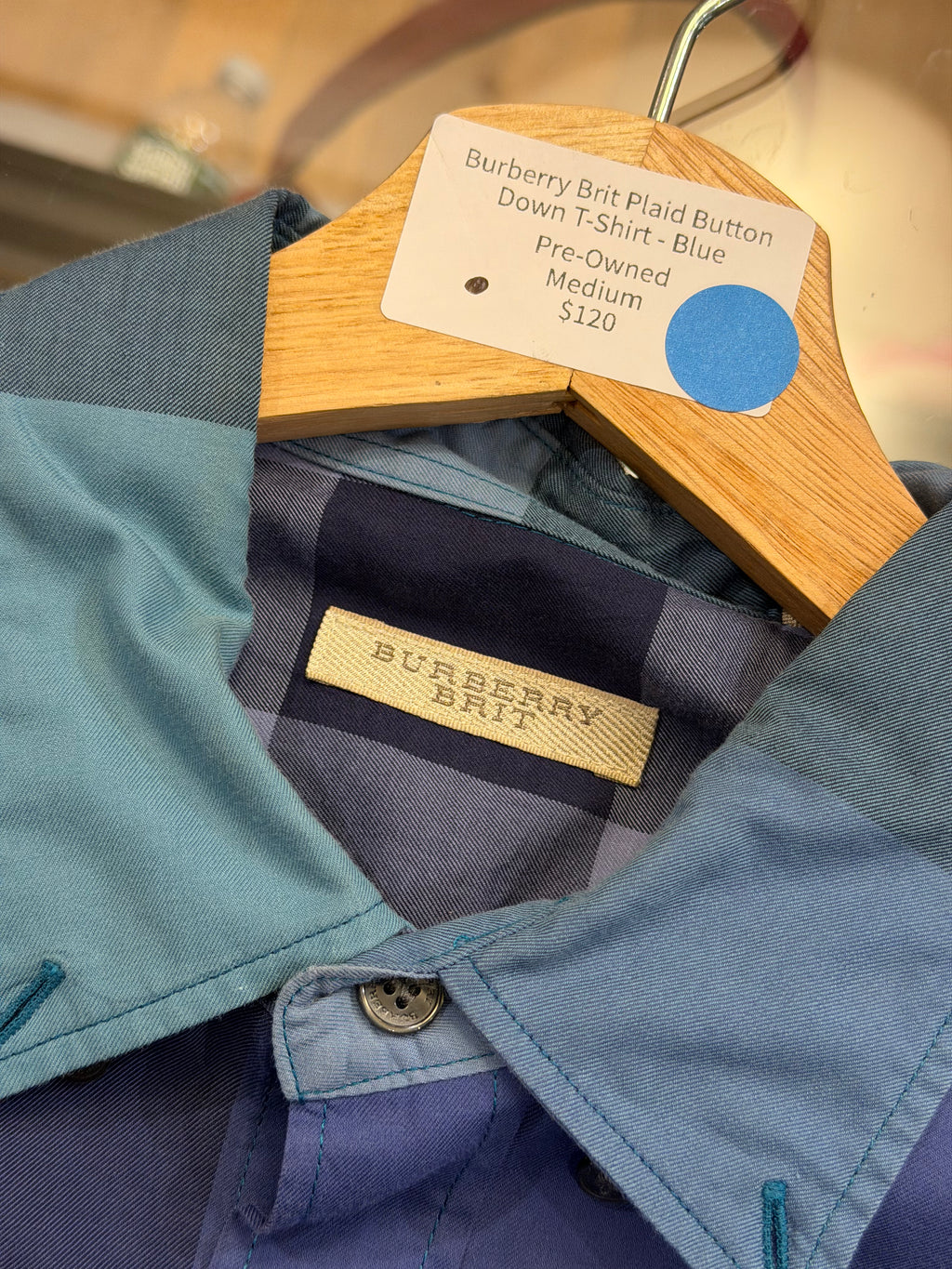 Burberry Brit Plaid Button
Down T-Shirt - Blue