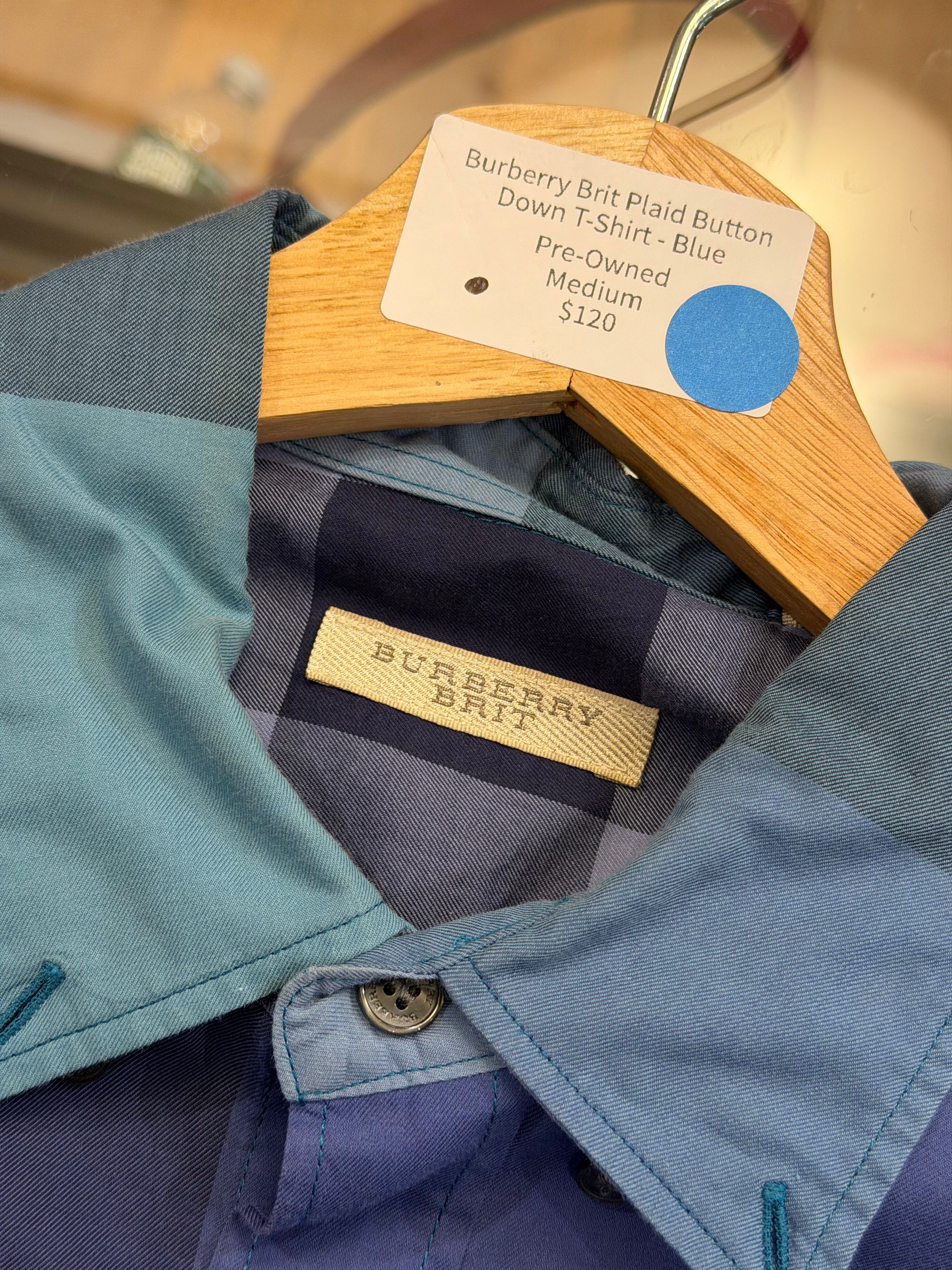 Burberry Brit Plaid Button
Down T-Shirt - Blue