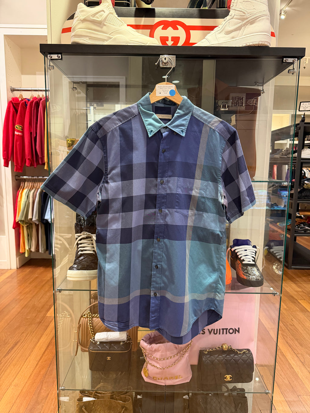 Burberry Brit Plaid Button
Down T-Shirt - Blue