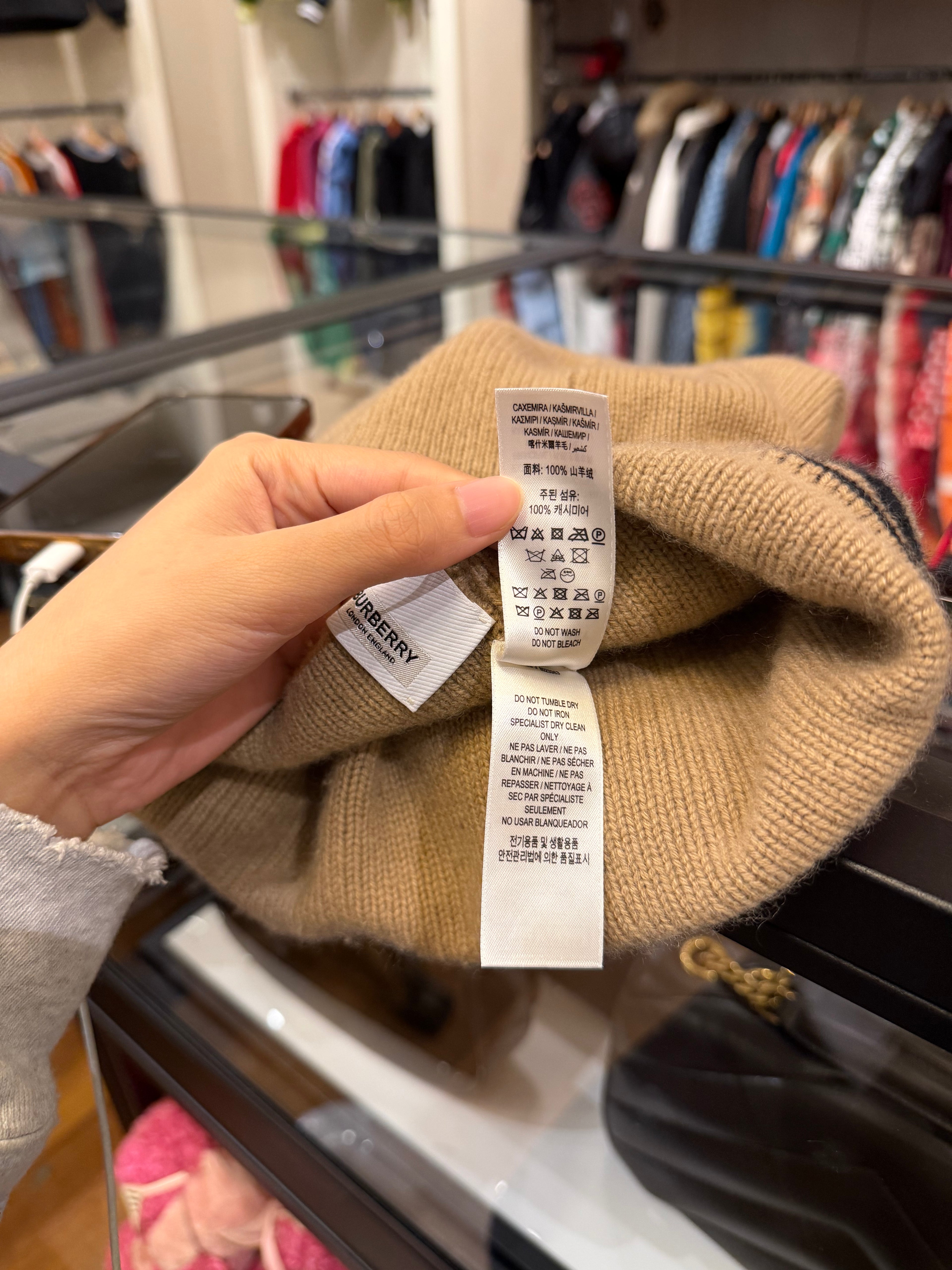 Burberry Logo Intarsia Cashmere Beanie- Camel