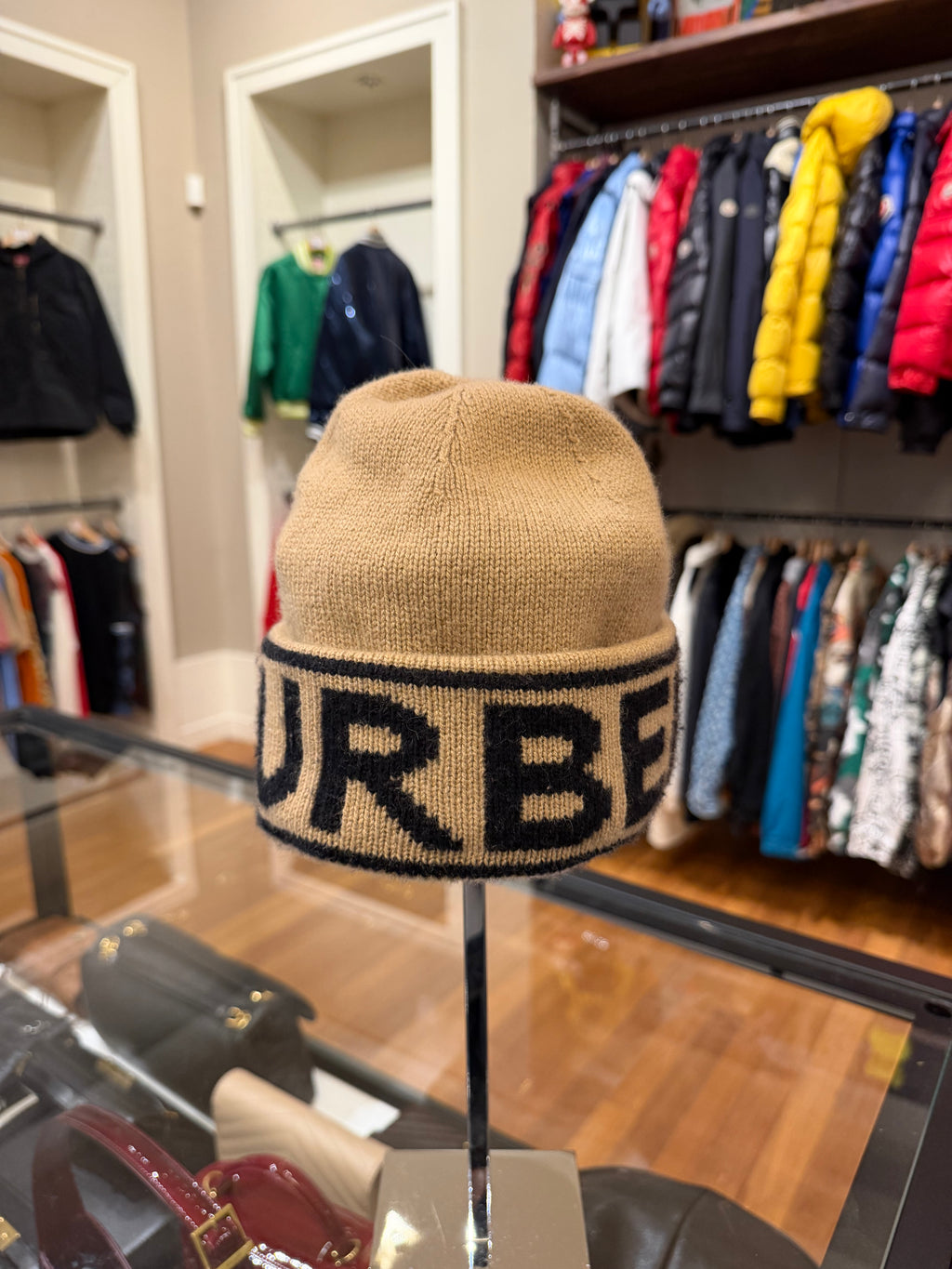 Burberry Logo Intarsia Cashmere Beanie- Camel