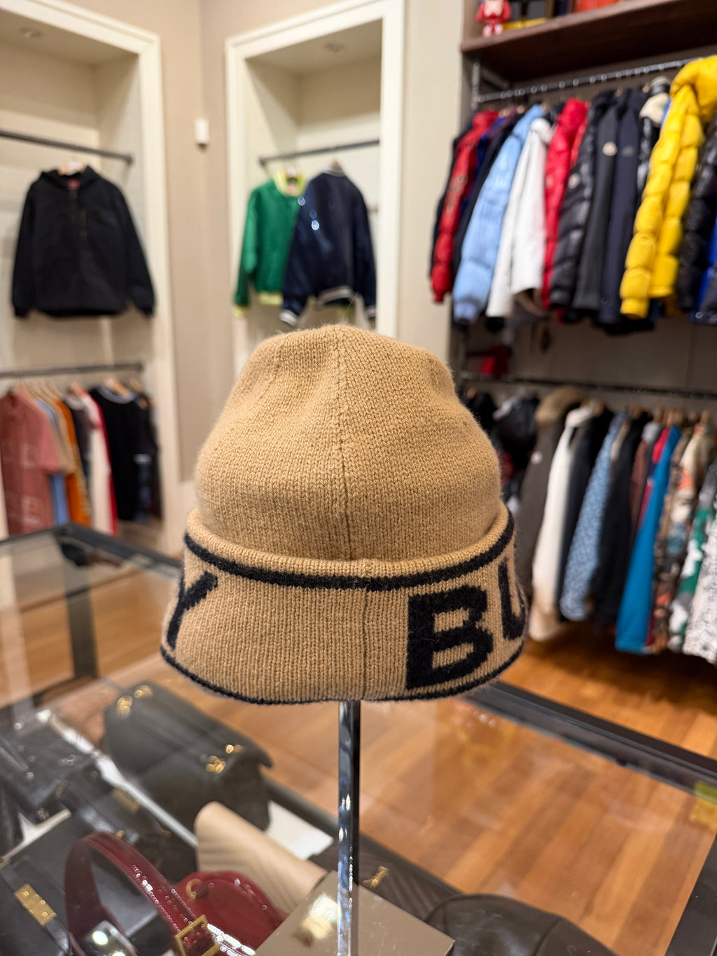 Burberry Logo Intarsia Cashmere Beanie- Camel
