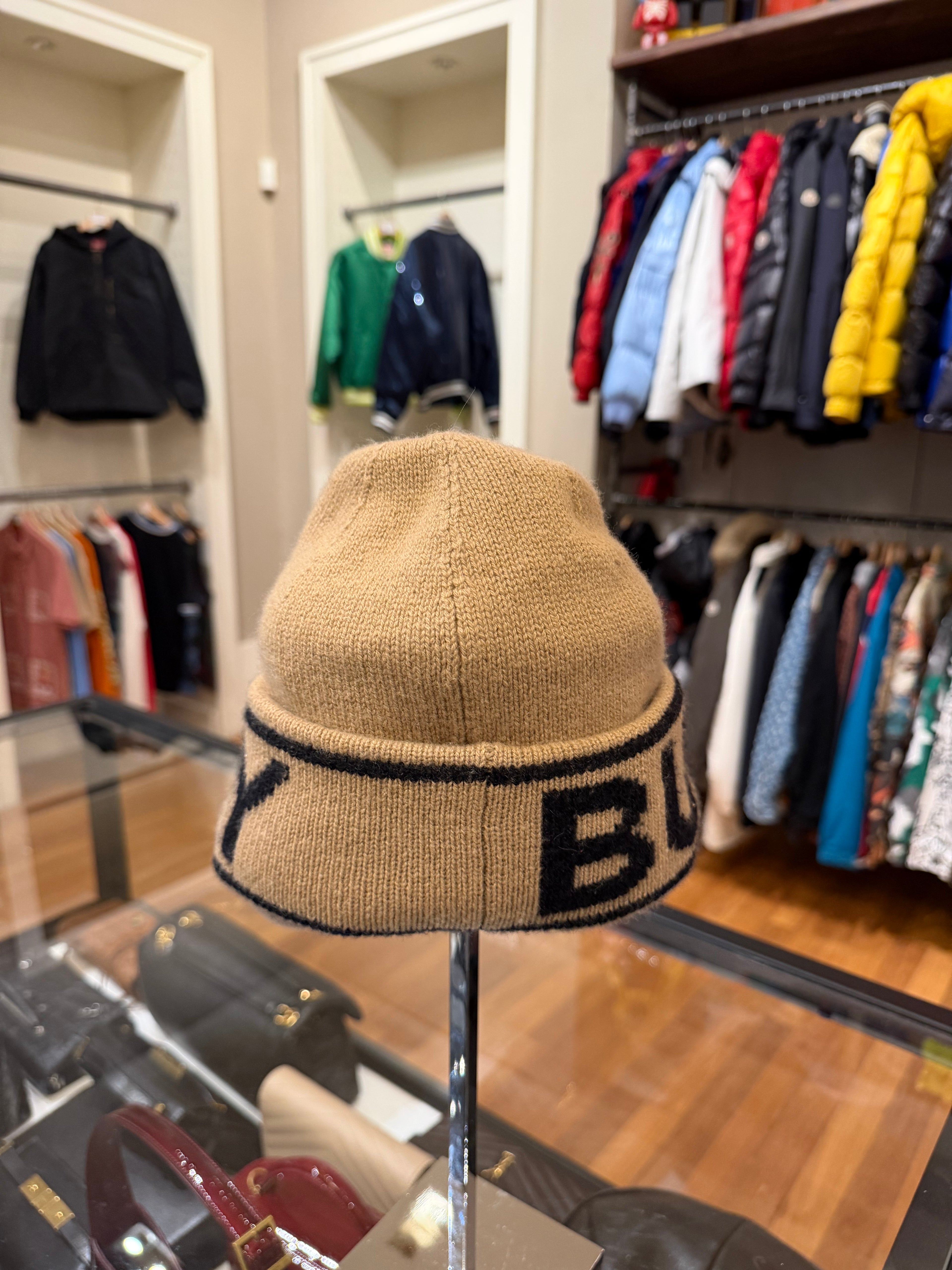 Burberry Logo Intarsia Cashmere Beanie- Camel