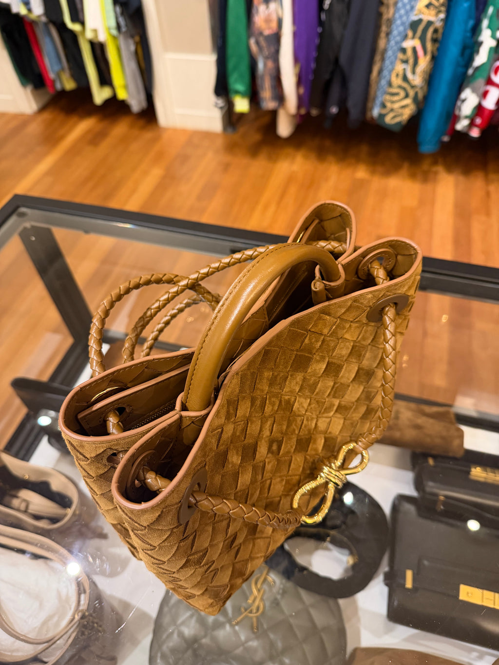 Bottega Veneta Andiamo Intrecciato Suede Shoulder Bag