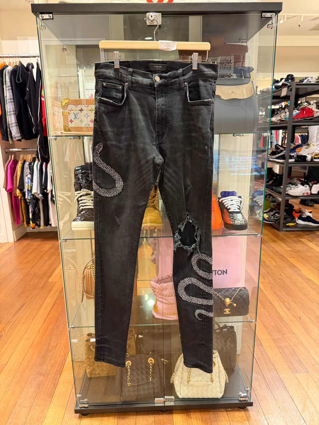 Amiri Embroidered Snake Appliqué Skinny Denim Jeans- Black