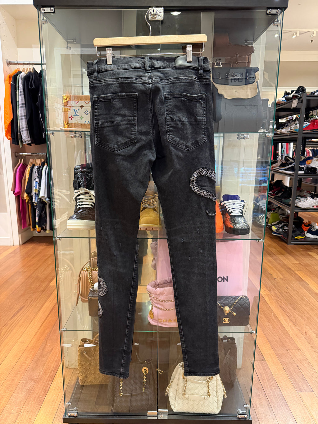 Amiri Embroidered Snake Appliqué Skinny Denim Jeans- Black