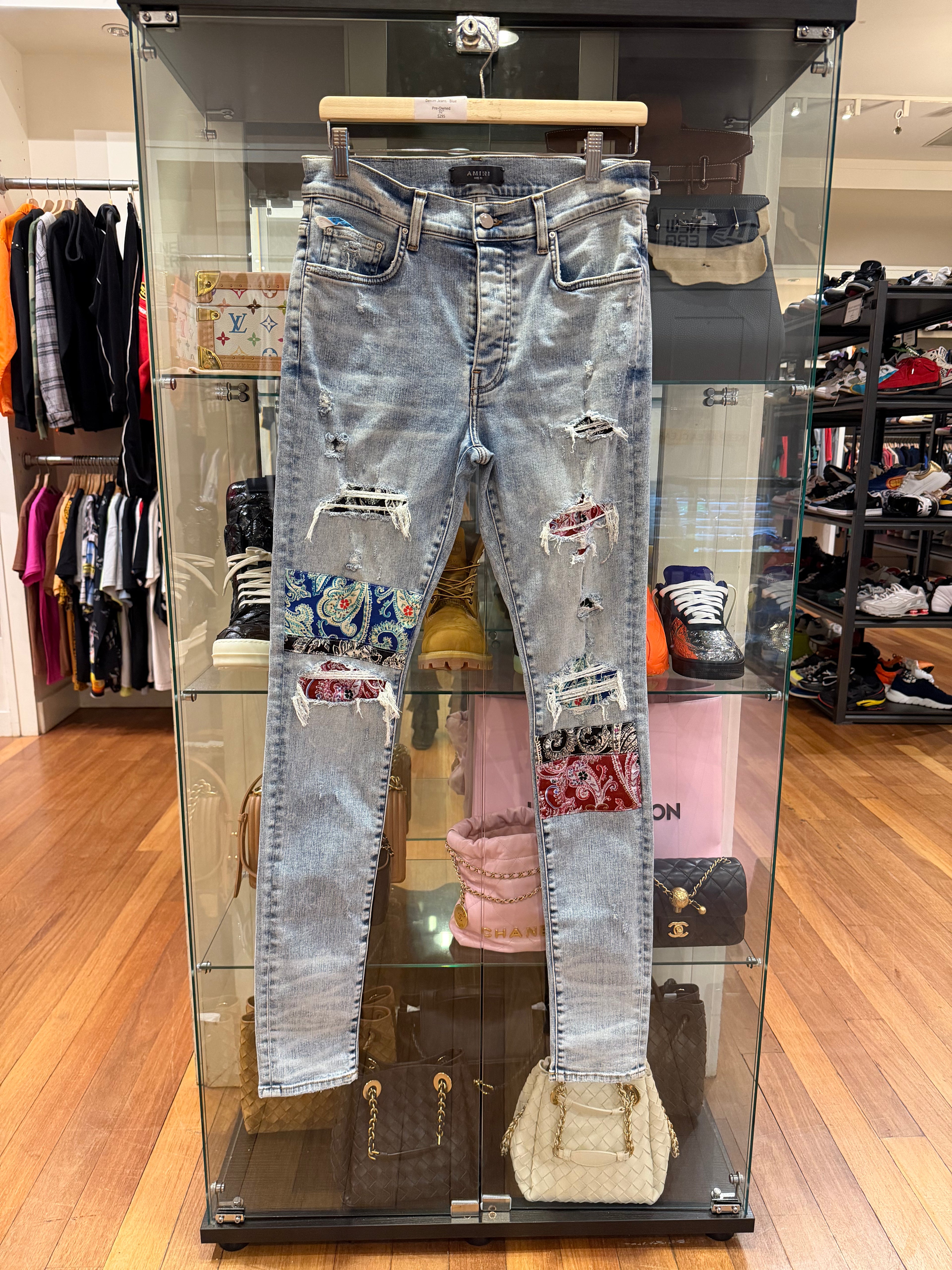 Amiri Pajama Art Patch Skinny Denim Jeans- Blue
