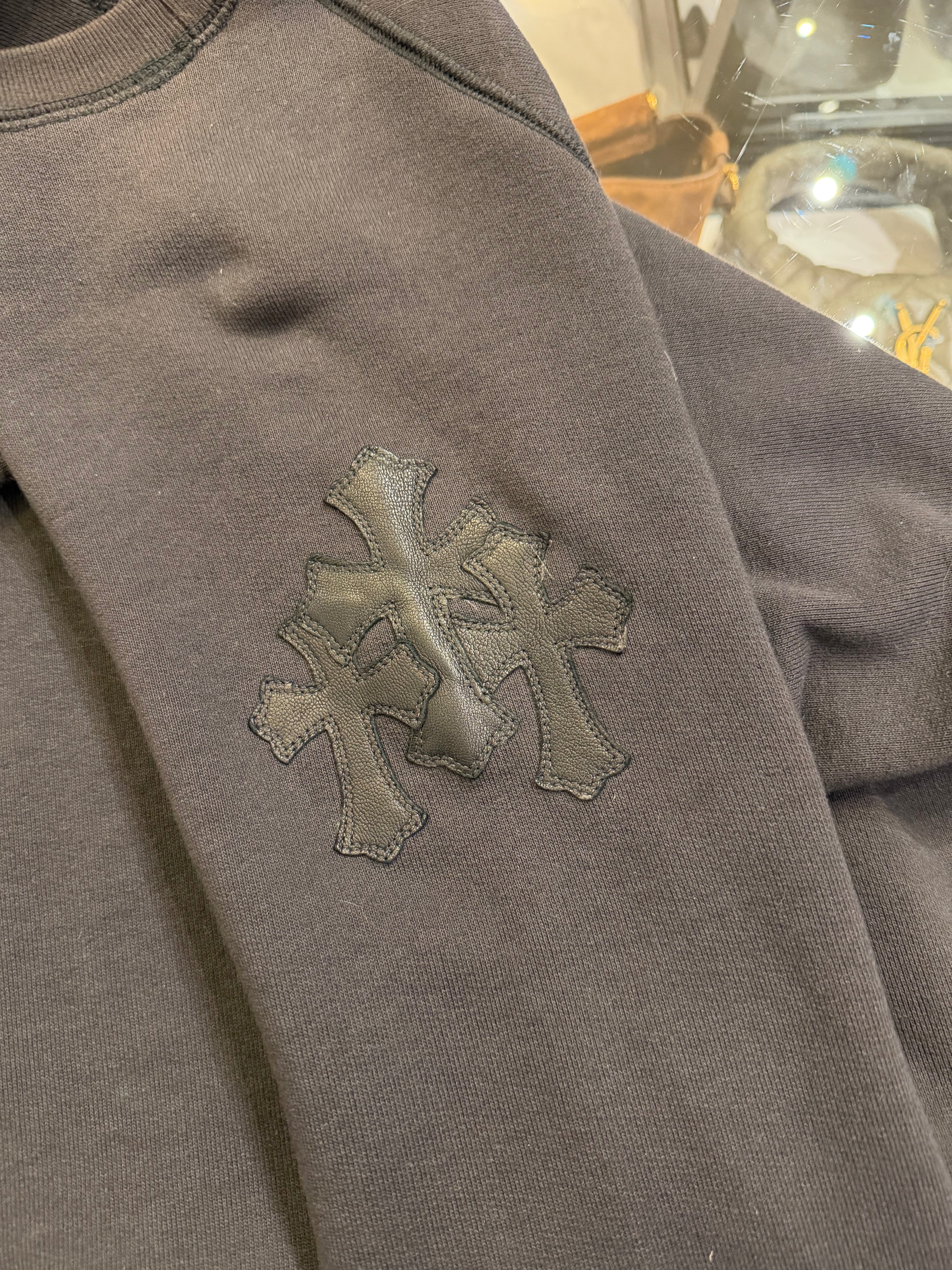 Chrome Hearts Paper Jam Leather Patch Crewneck-Black