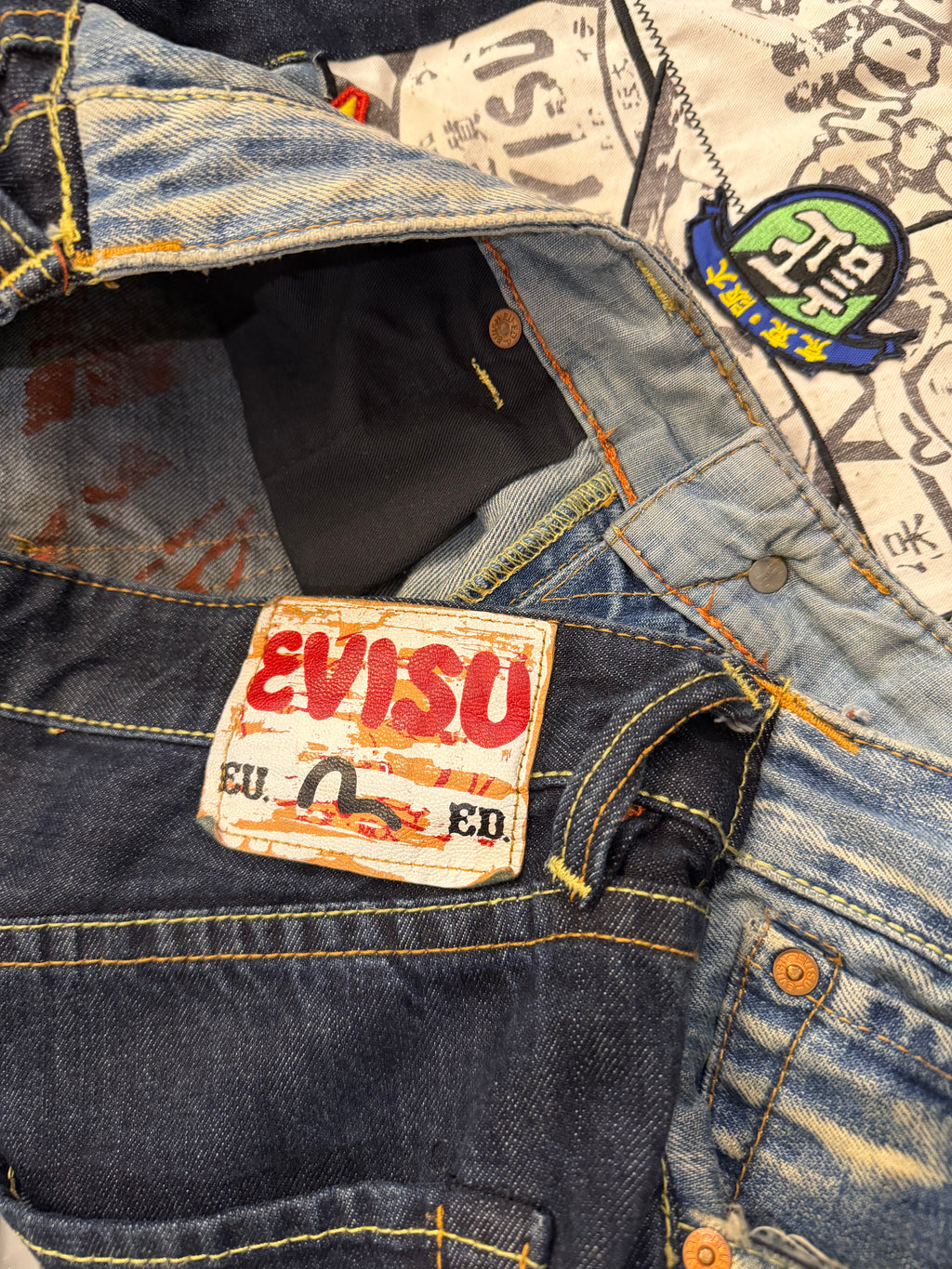 Evisu Patchwork Denim Jeans
- Blue