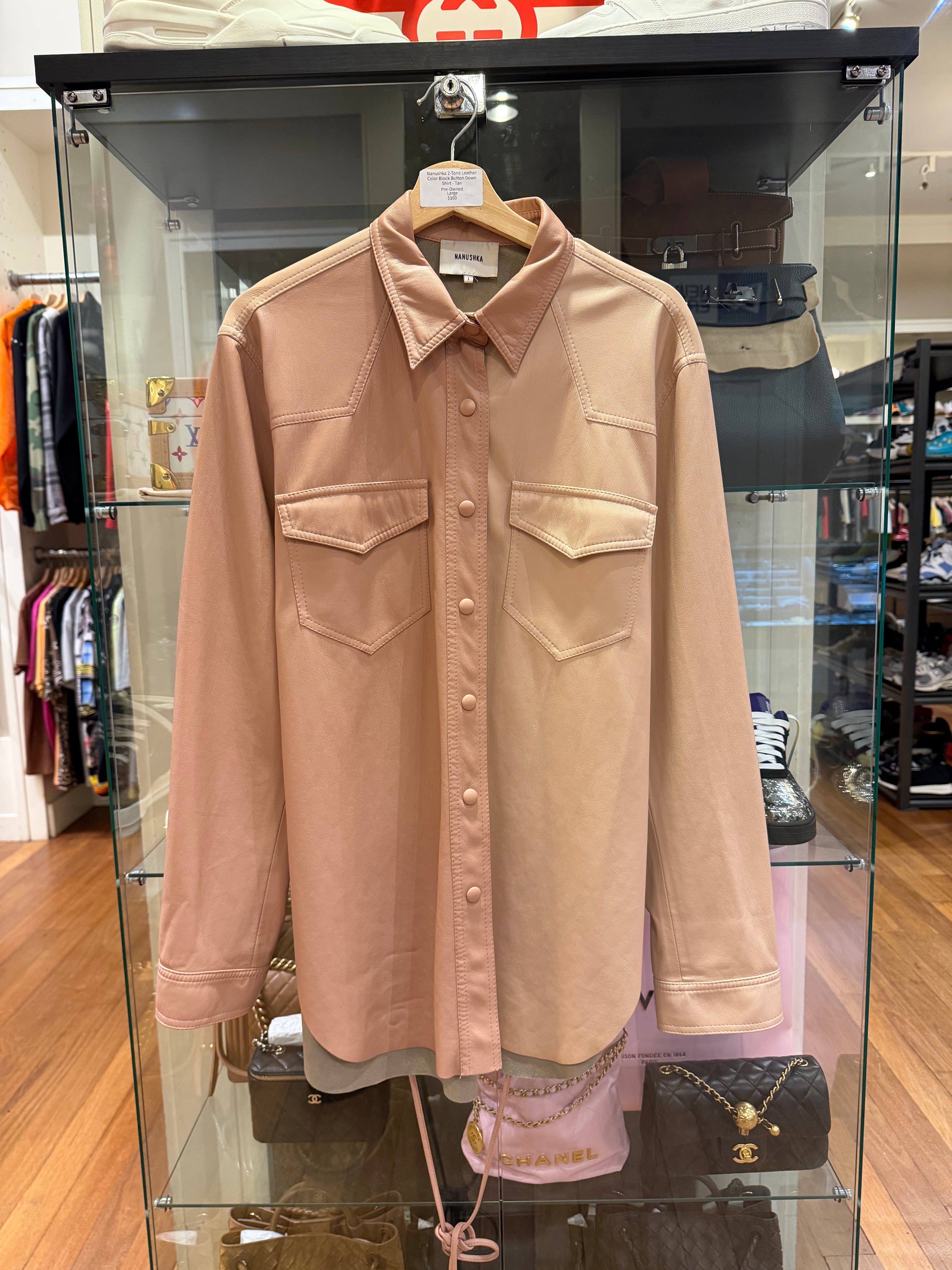 Nanushka 2-Tone Leather Color Block Button Down
Shirt - Tan