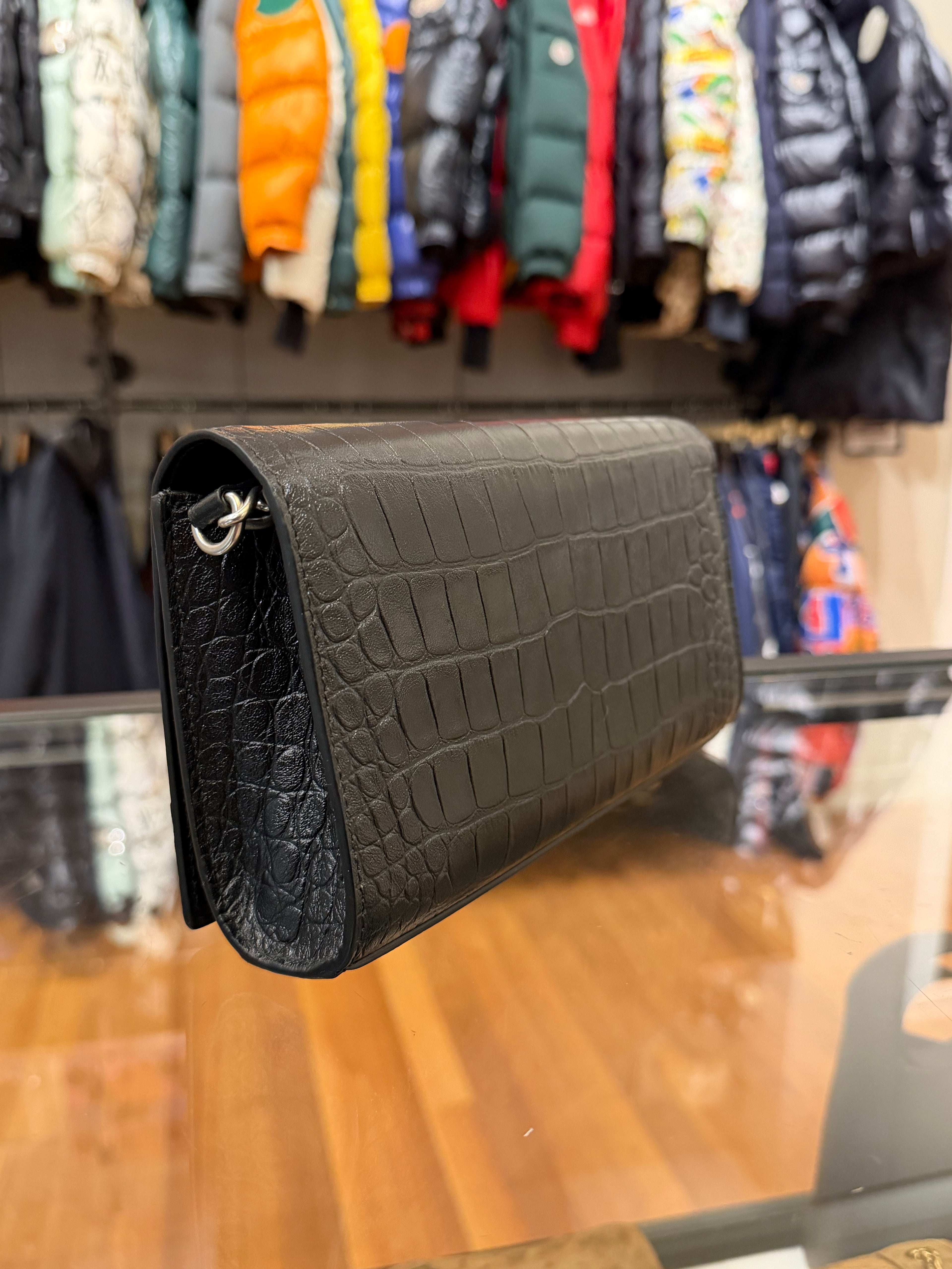 Balenciaga Le City Croc Embossed Leather Wallet w Chain Strap