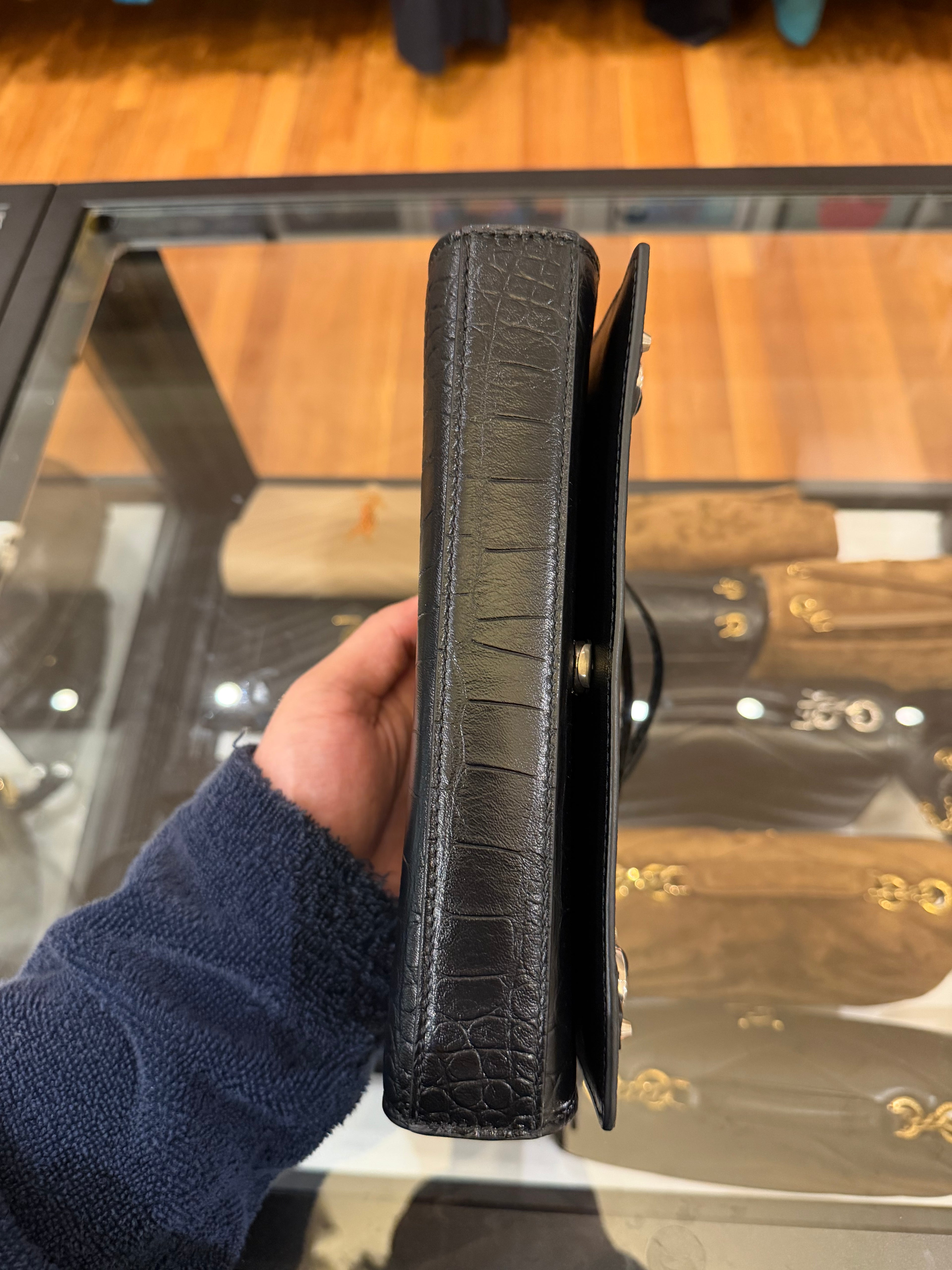 Balenciaga Le City Croc Embossed Leather Wallet w Chain Strap