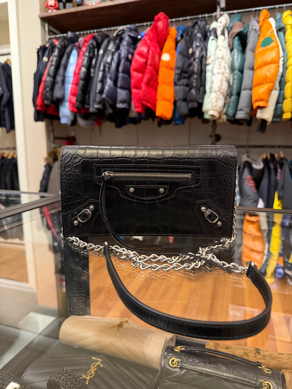Balenciaga Le City Croc Embossed Leather Wallet w Chain Strap
