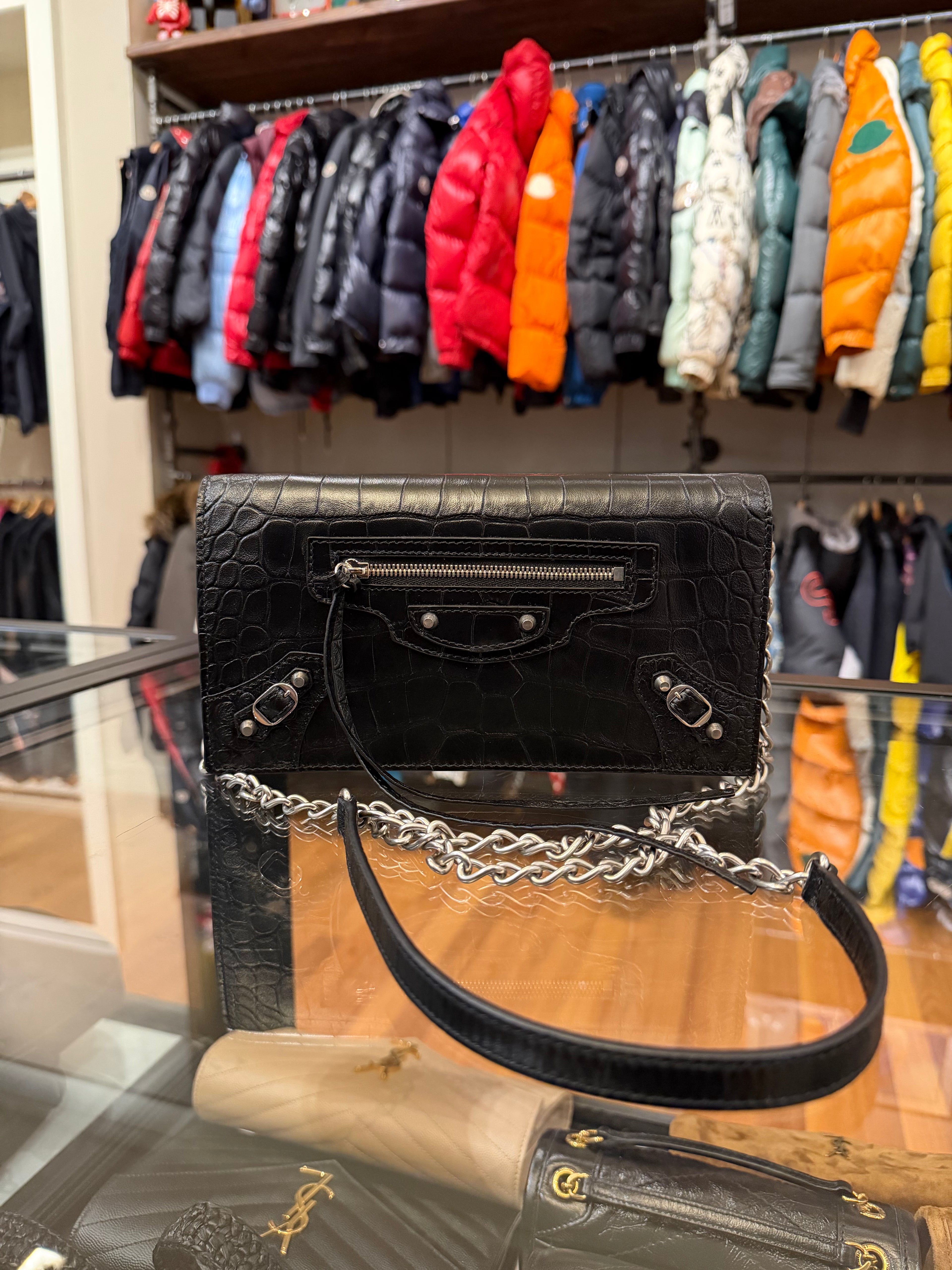 Balenciaga Le City Croc Embossed Leather Wallet w Chain Strap