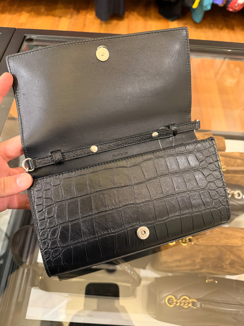 Balenciaga Le City Croc Embossed Leather Wallet w Chain Strap