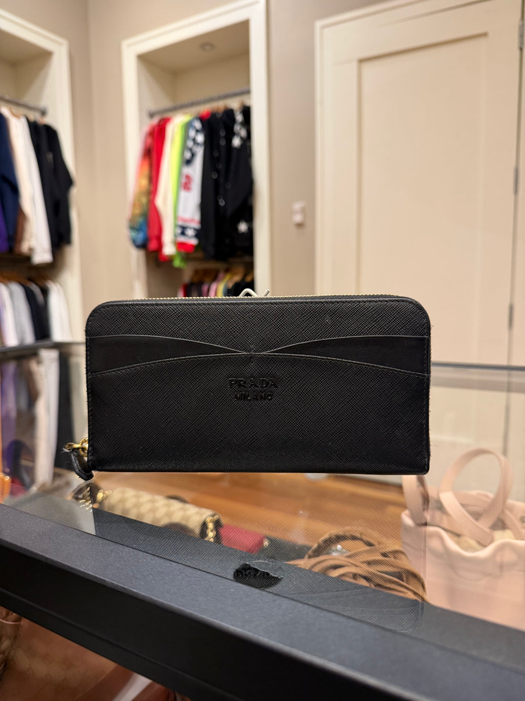 Prada Saffiano Long Zip Black Wallet