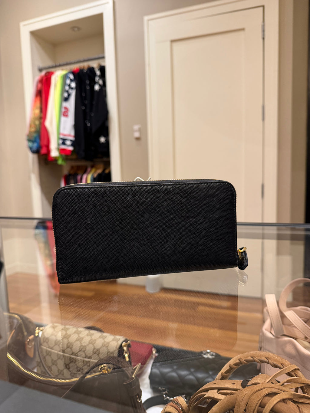 Prada Saffiano Long Zip Black Wallet