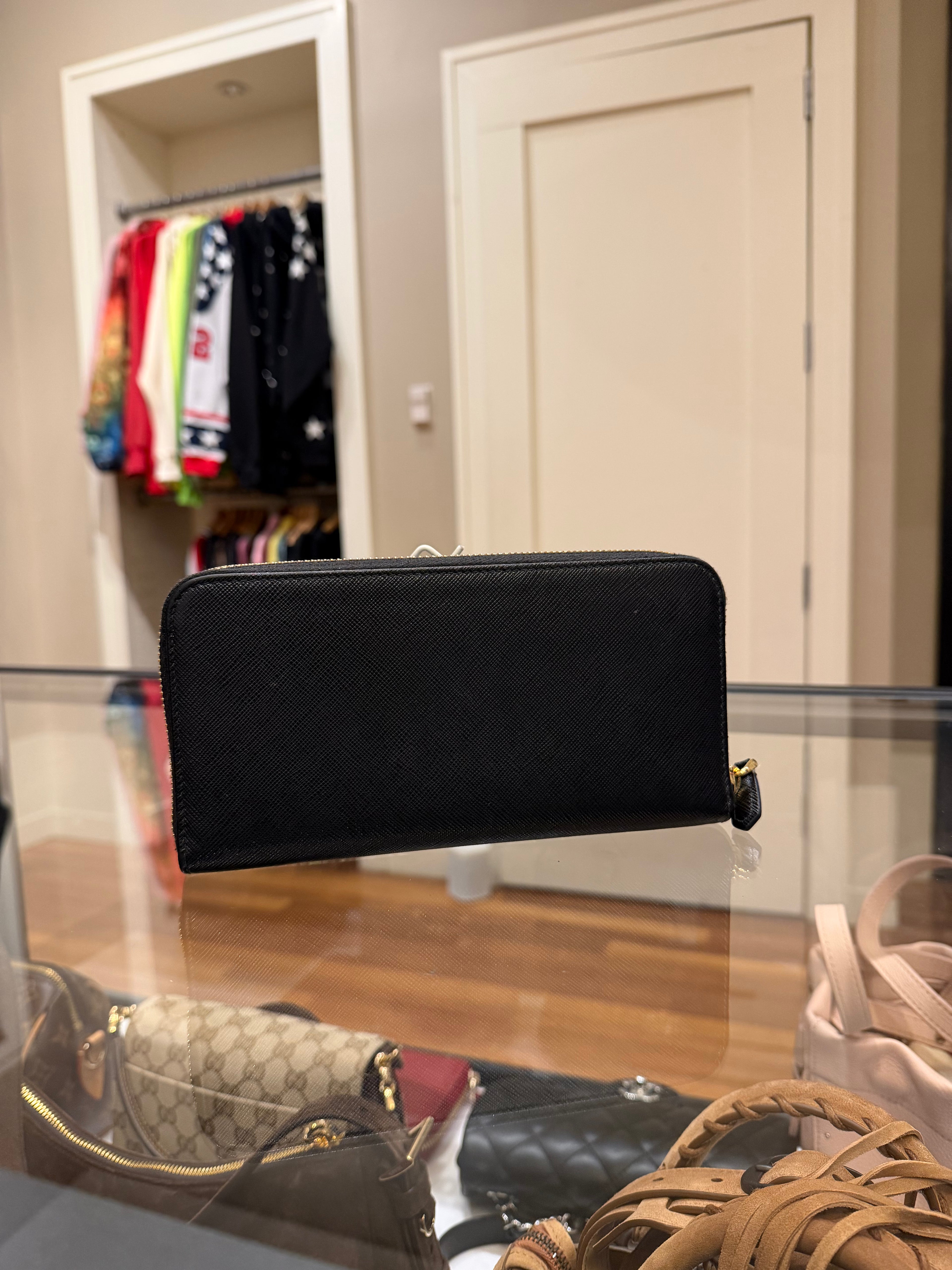 Prada Saffiano Long Zip Black Wallet