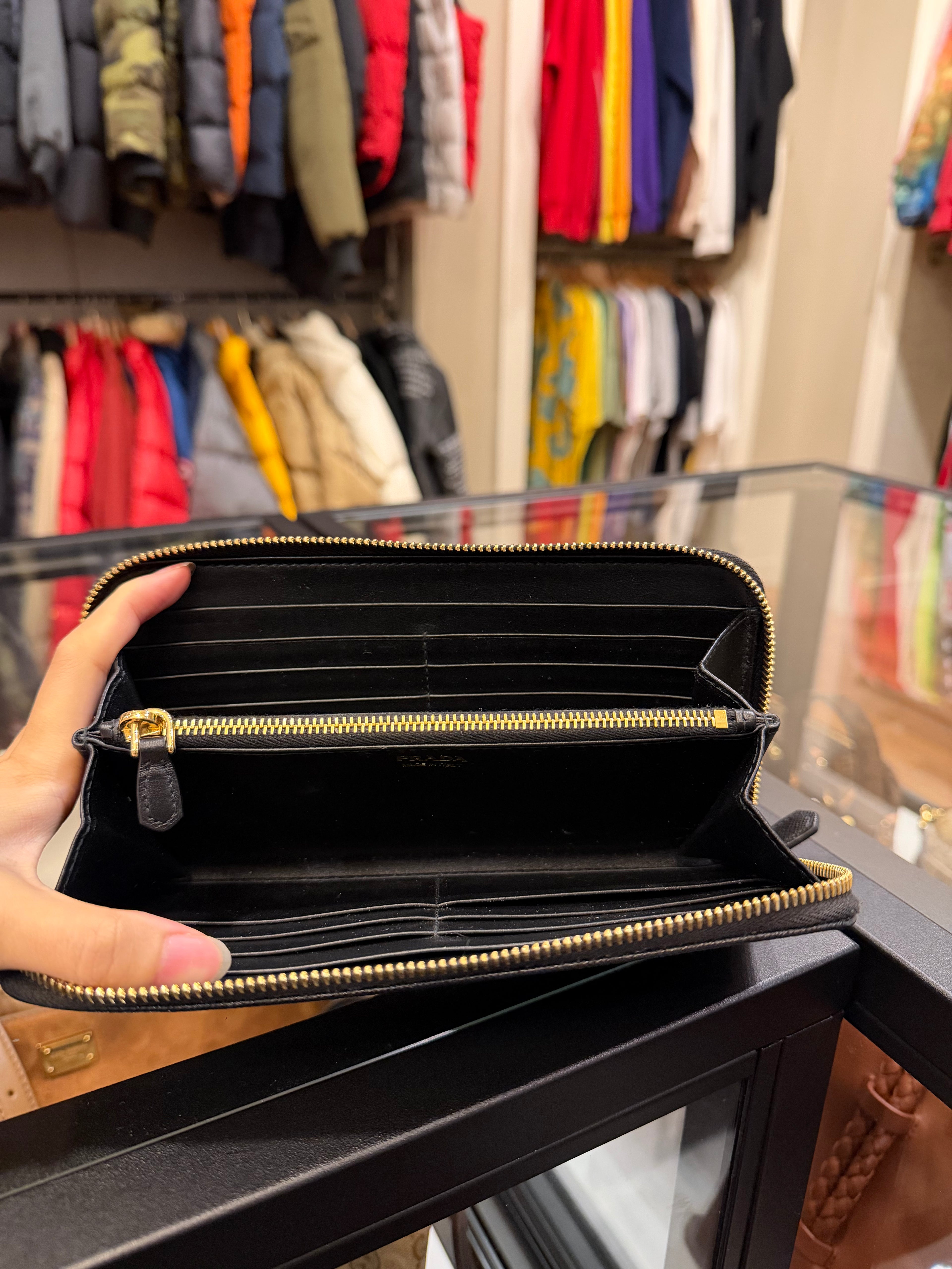 Prada Saffiano Long Zip Black Wallet