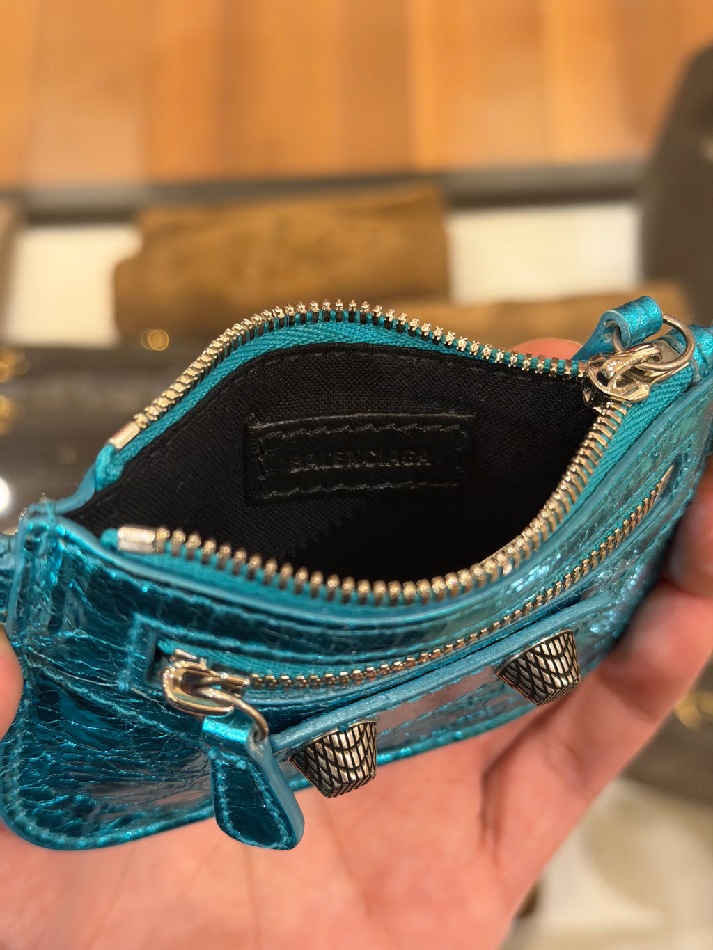 Balenciaga Le Cagole Leather Coin Purse - Metallic Blue