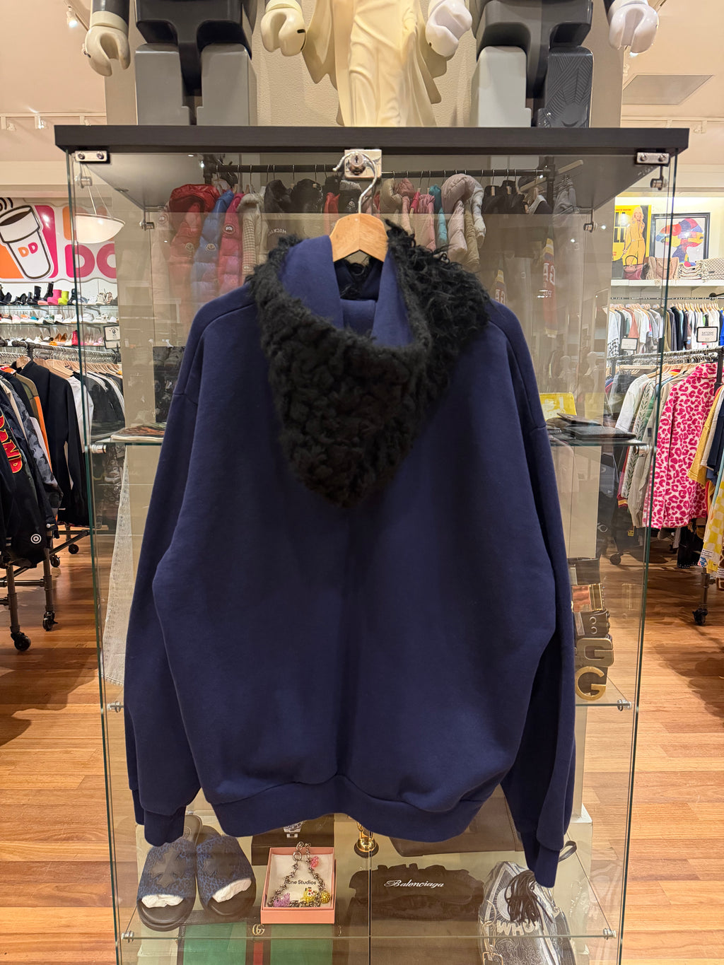 Marni Logo Emroidered Faux Fur Hoodie - Navy