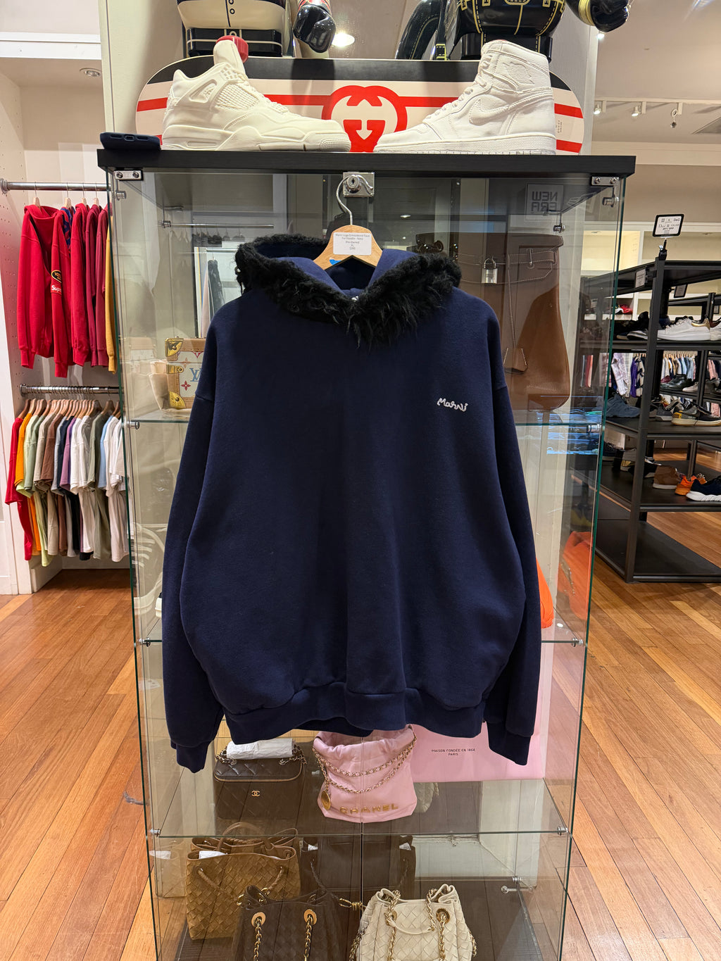 Marni Logo Emroidered Faux Fur Hoodie - Navy