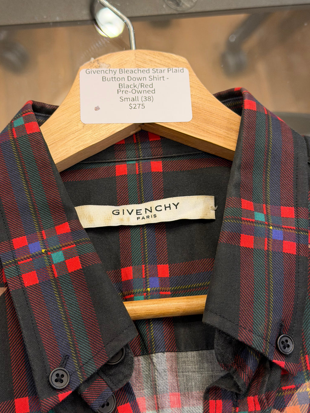 Givenchy Bleached Star Plaid Button Down Shirt -Black/Red