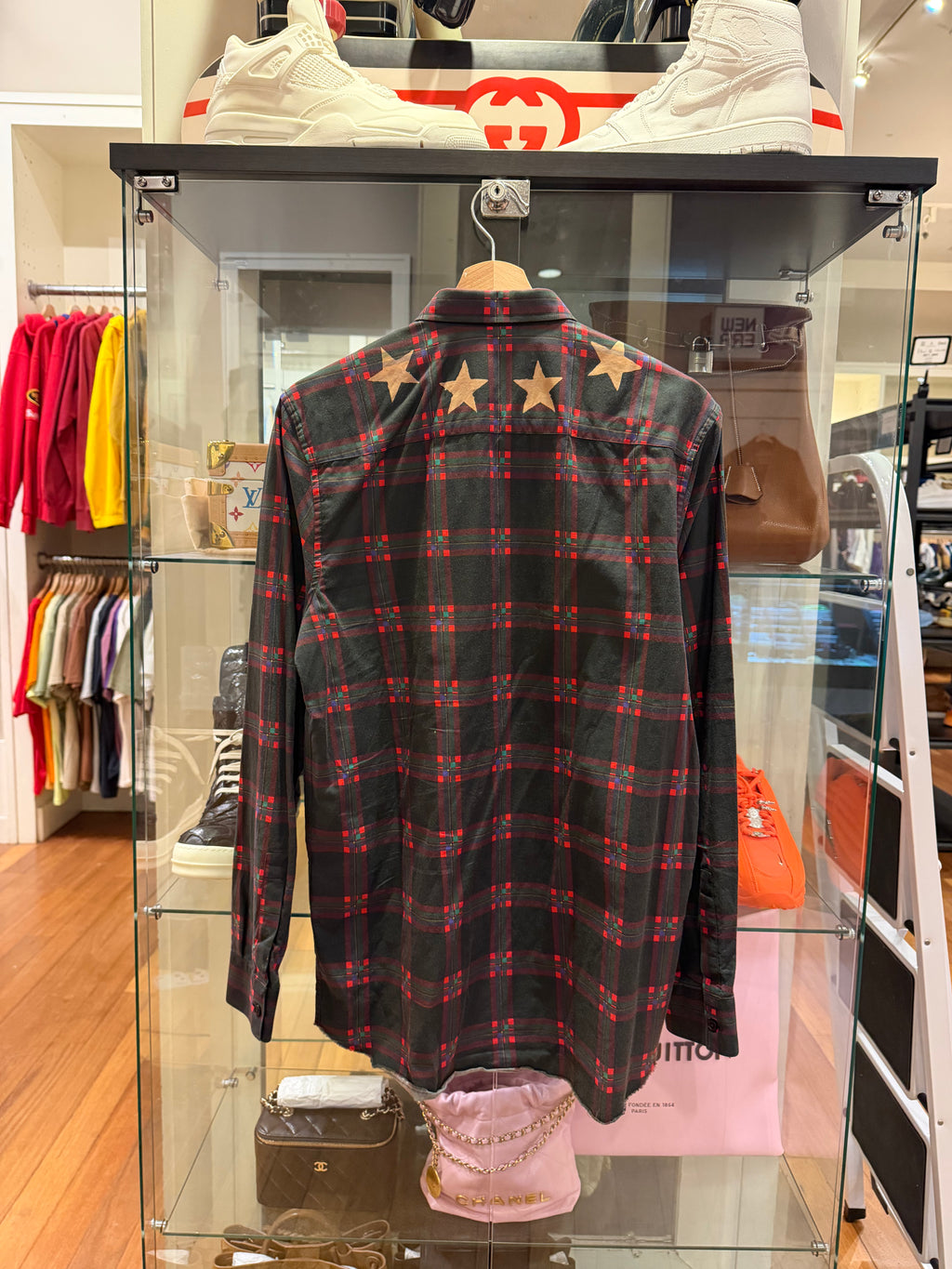 Givenchy Bleached Star Plaid Button Down Shirt -Black/Red