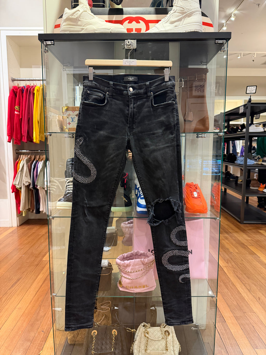Amiri Glitter Snake Distressed Skinny Jeans - Black