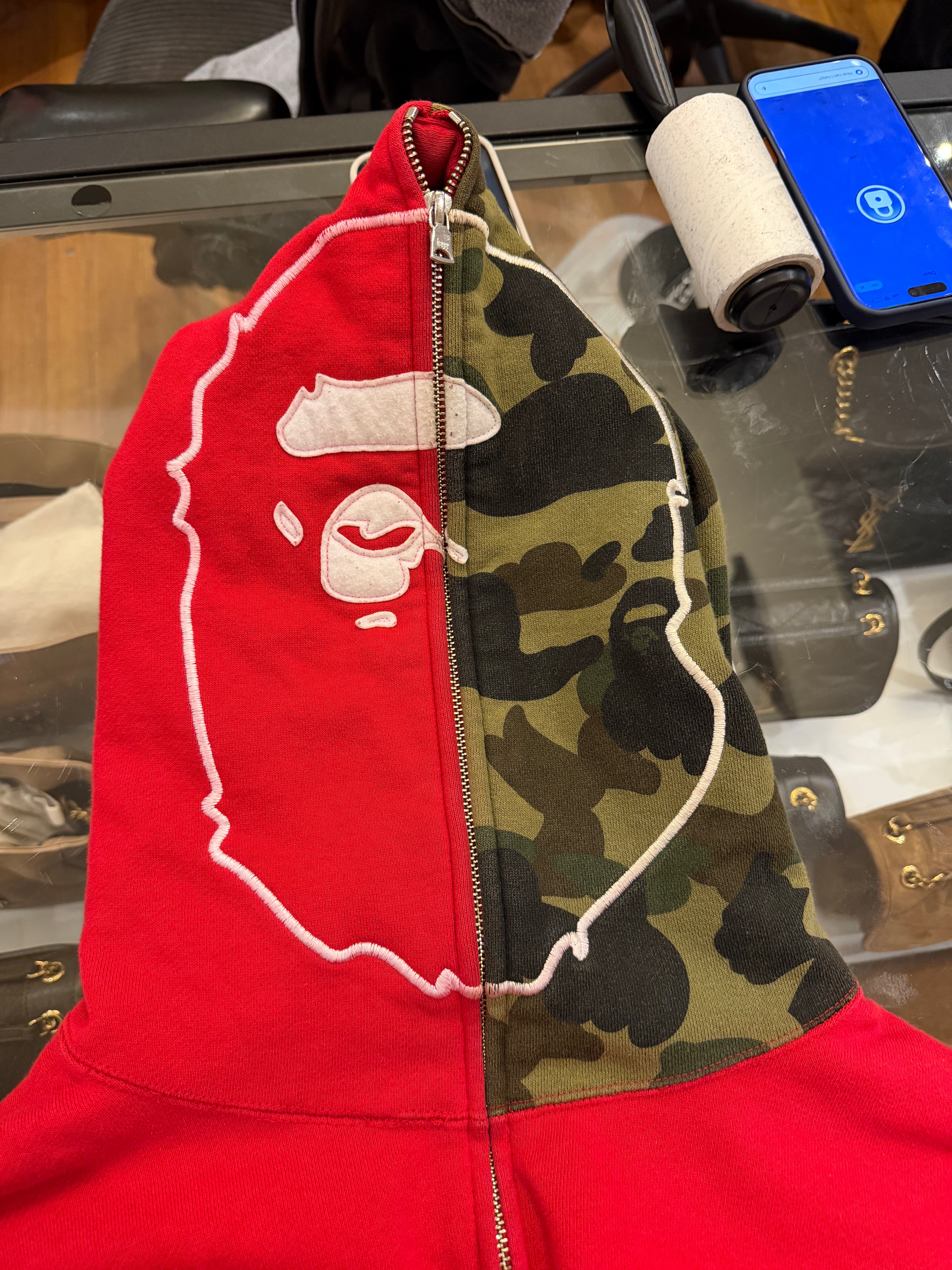 Bape Split Camo Ape Head Full Zip Hoodie - Red