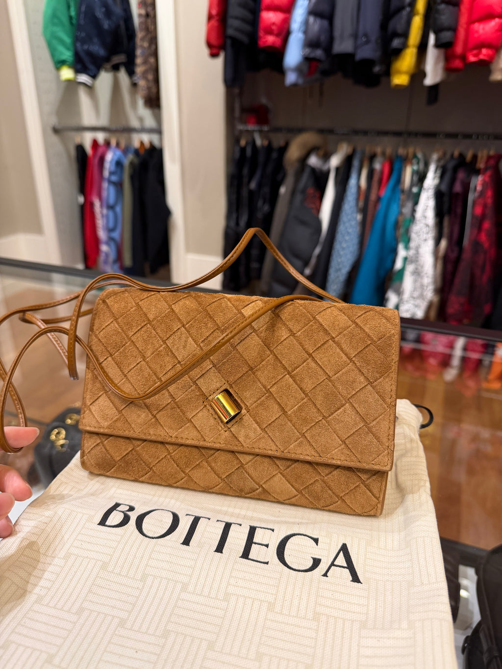 Bottega Veneta Slim Andiamo Intrecciato Suede Crossbody Wallet