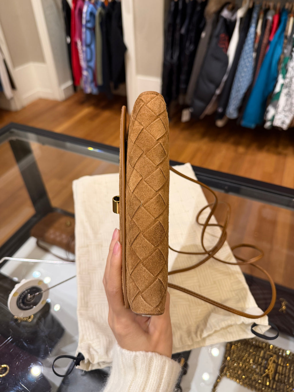 Bottega Veneta Slim Andiamo Intrecciato Suede Crossbody Wallet