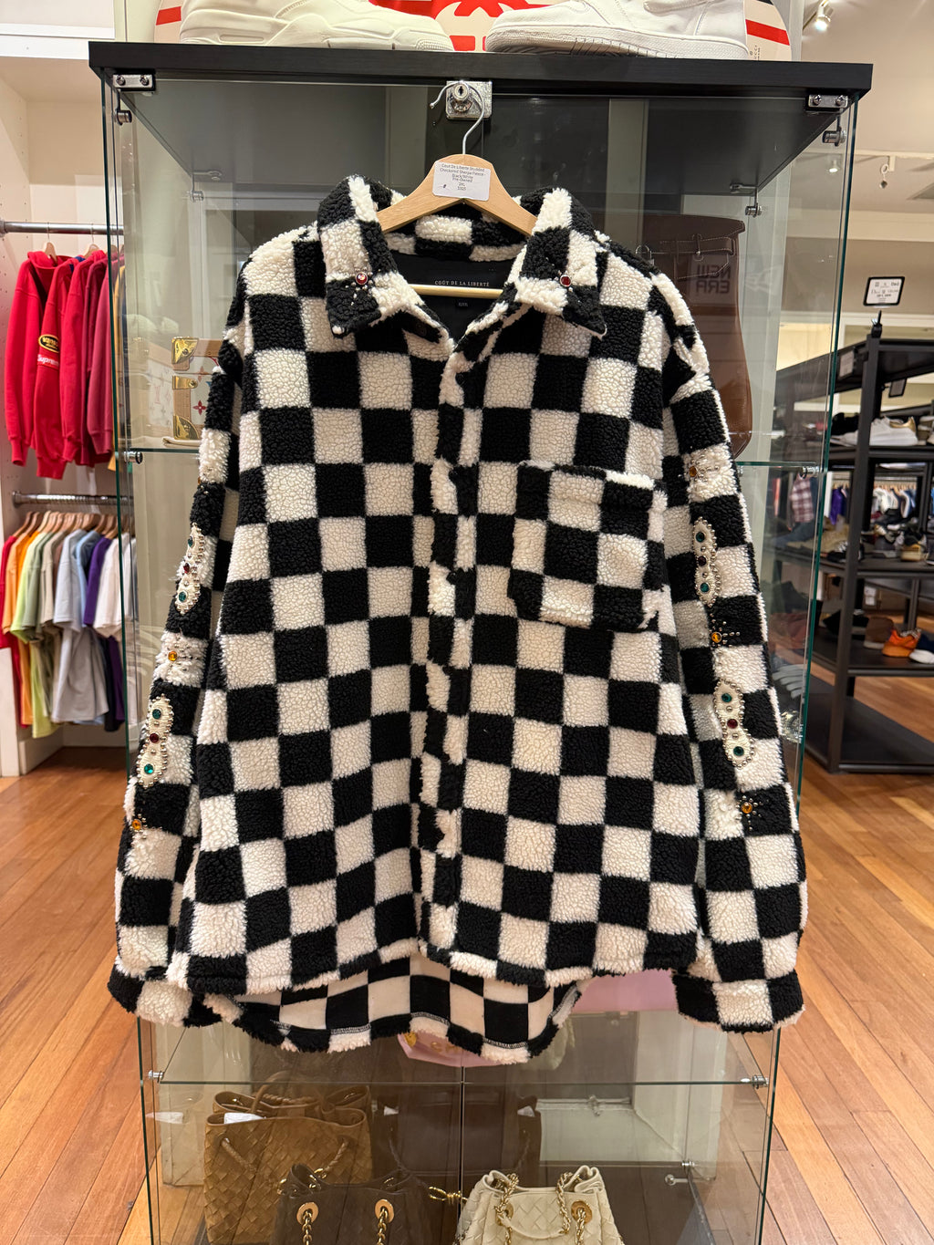 Cout De Liberte Studded Checkered Sherpa Fleece -Black/White