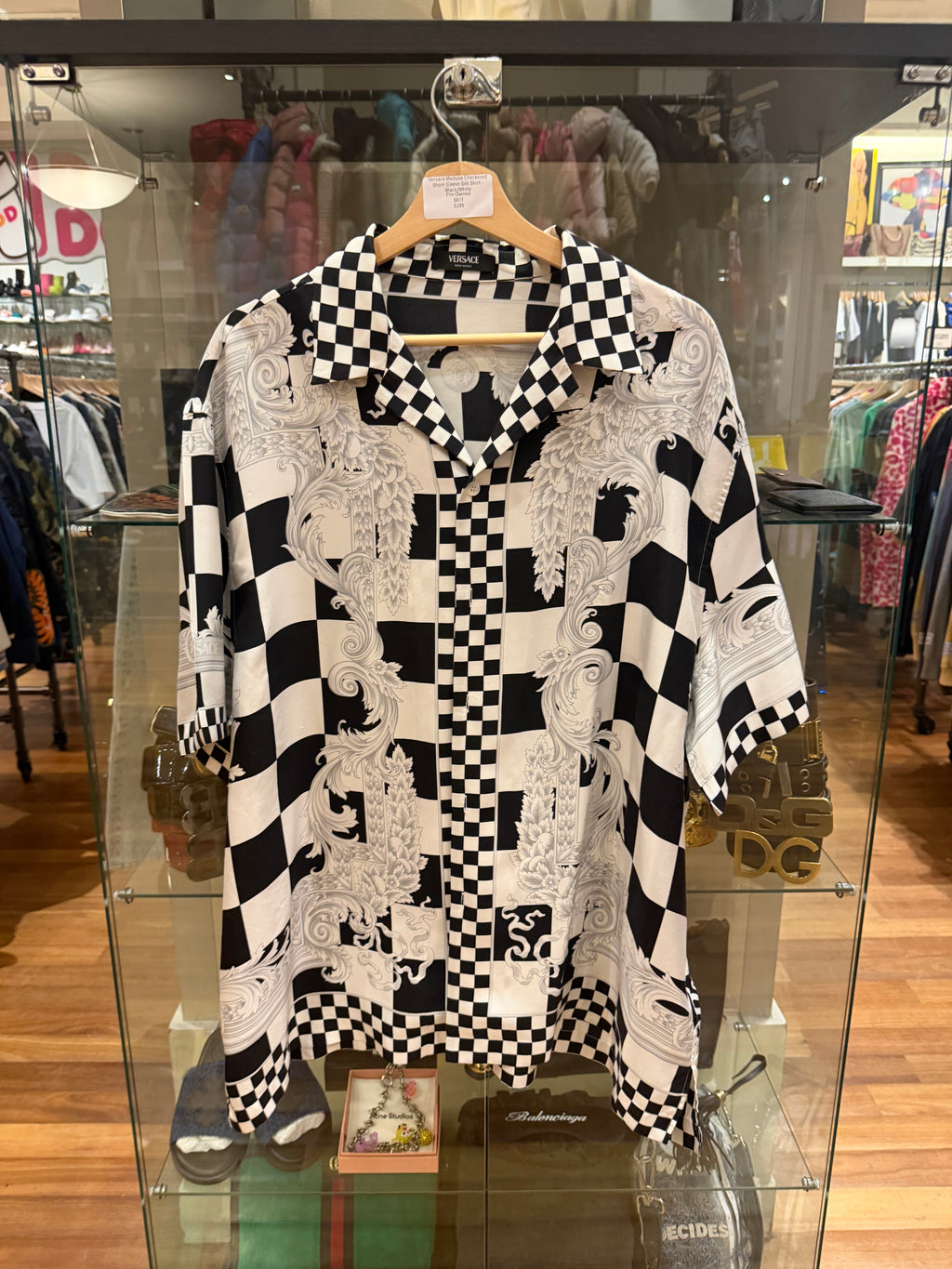 Versace Medusa Checkered Short Sleeve Silk Shirt