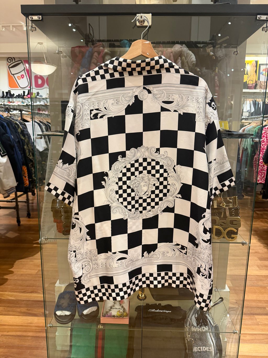 Versace Medusa Checkered Short Sleeve Silk Shirt