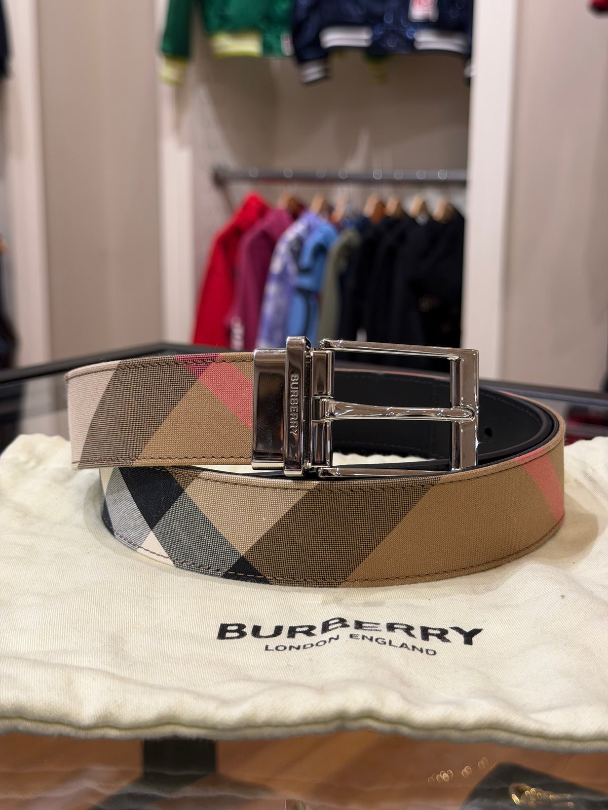 Burberry Reversible Silver Buckle Canvas Leather Belt