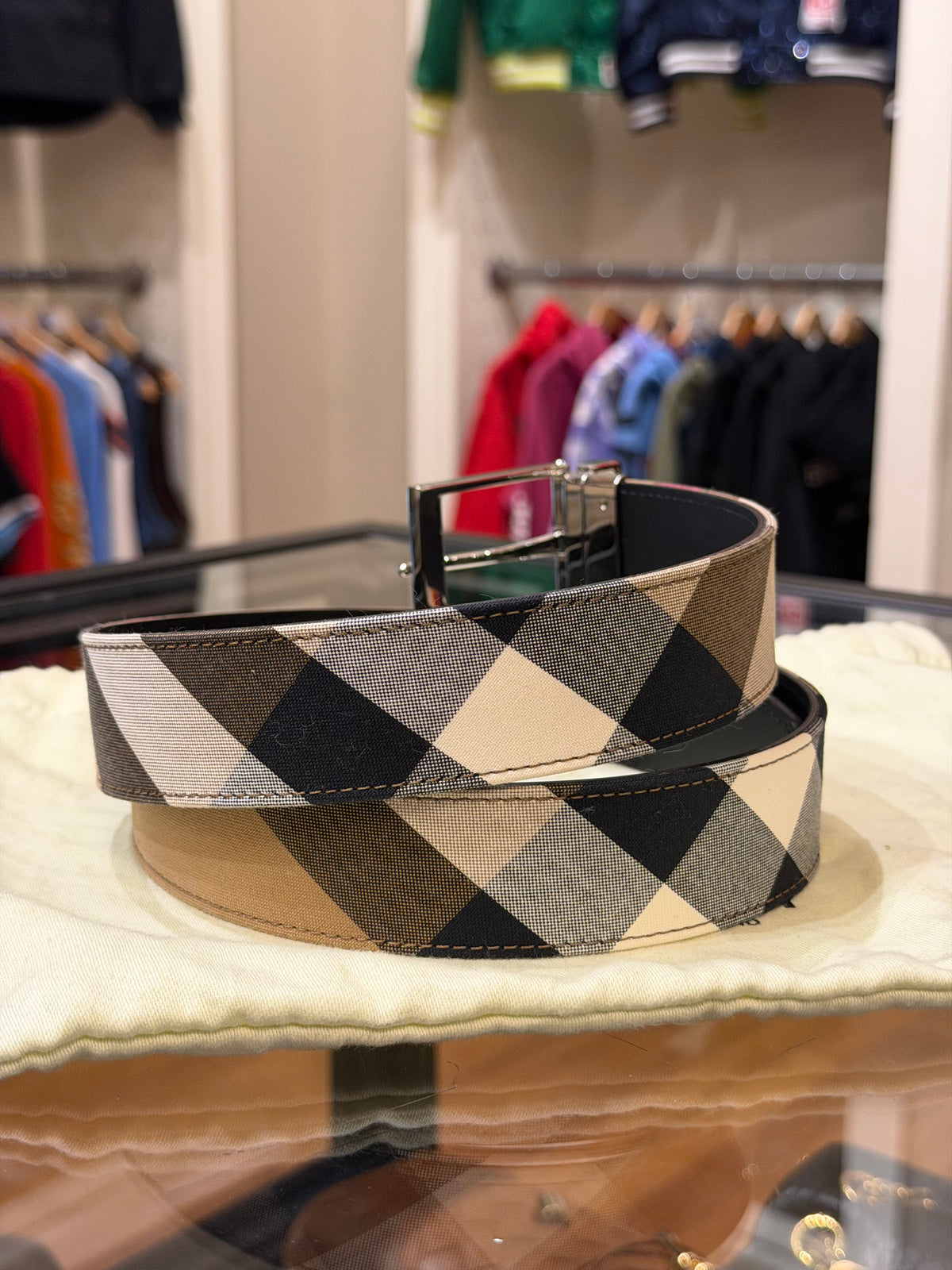 Burberry Reversible Silver Buckle Canvas Leather Belt
