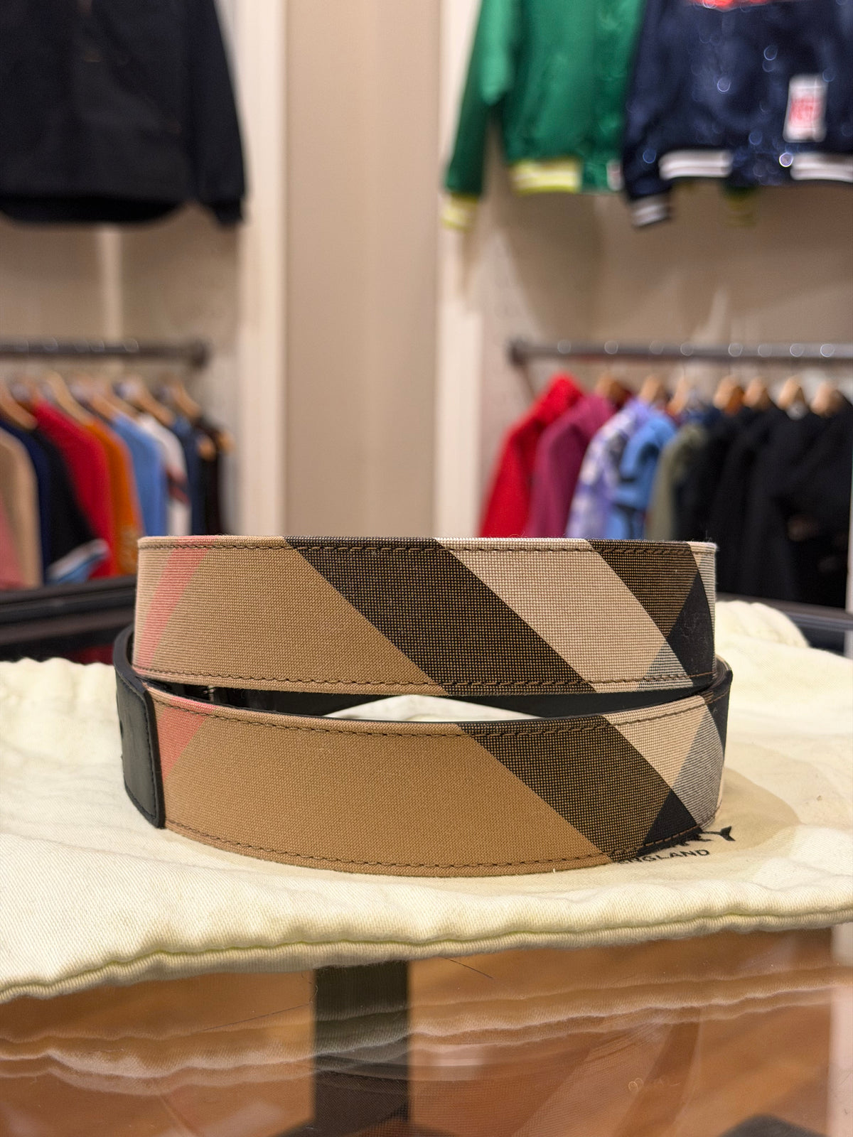 Burberry Reversible Silver Buckle Canvas Leather Belt