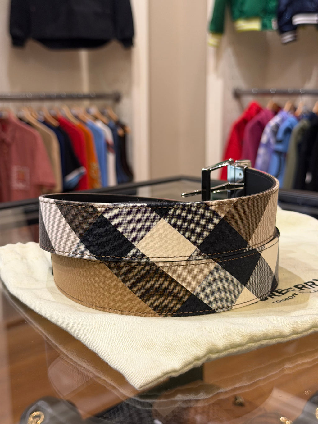 Burberry Reversible Silver Buckle Canvas Leather Belt