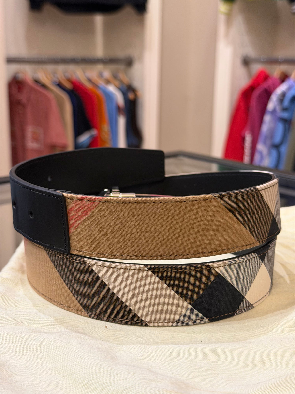 Burberry Reversible Silver Buckle Canvas Leather Belt